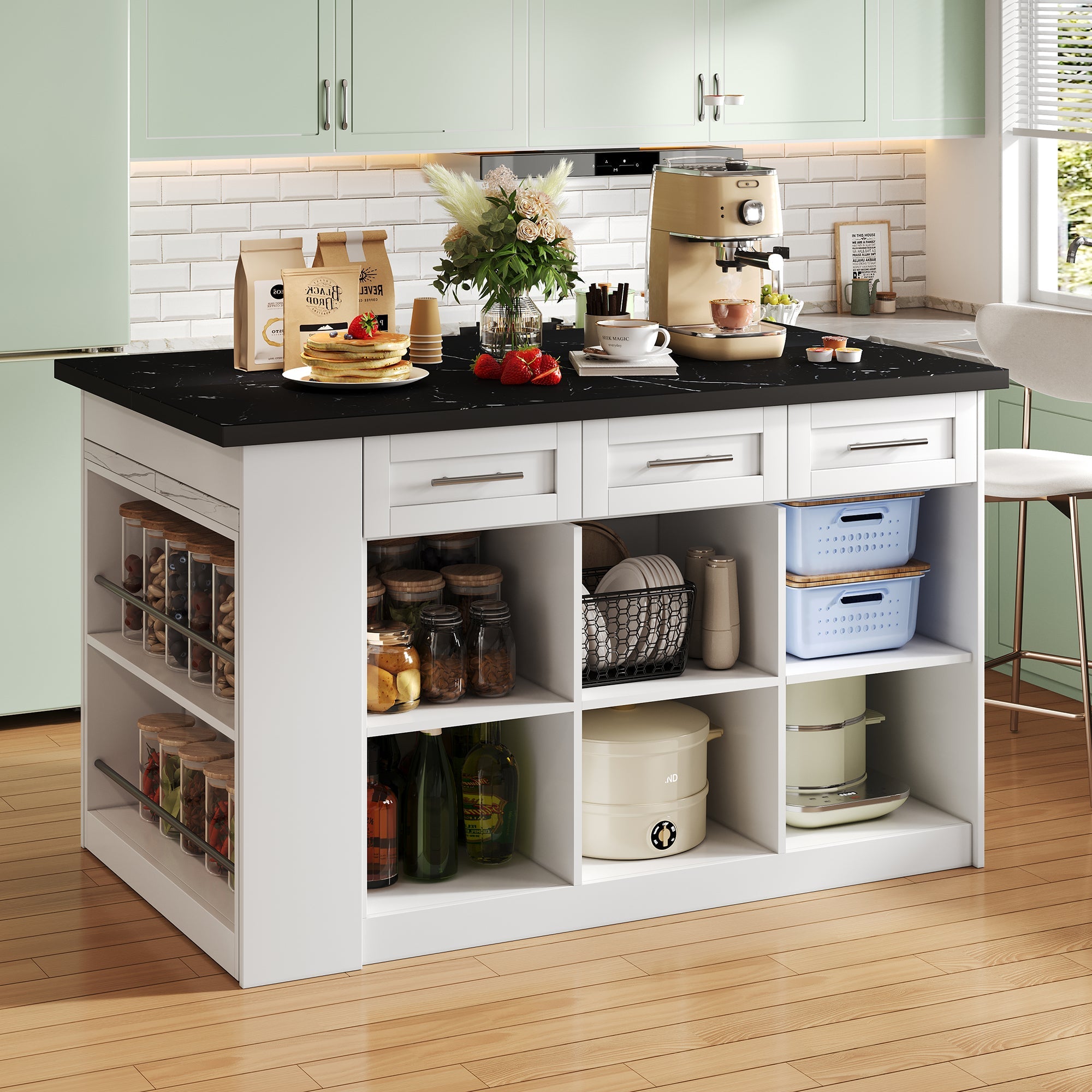 Logidon keukeneiland 150x96 cm wit met marmeren blad uitschuifbare eettafel