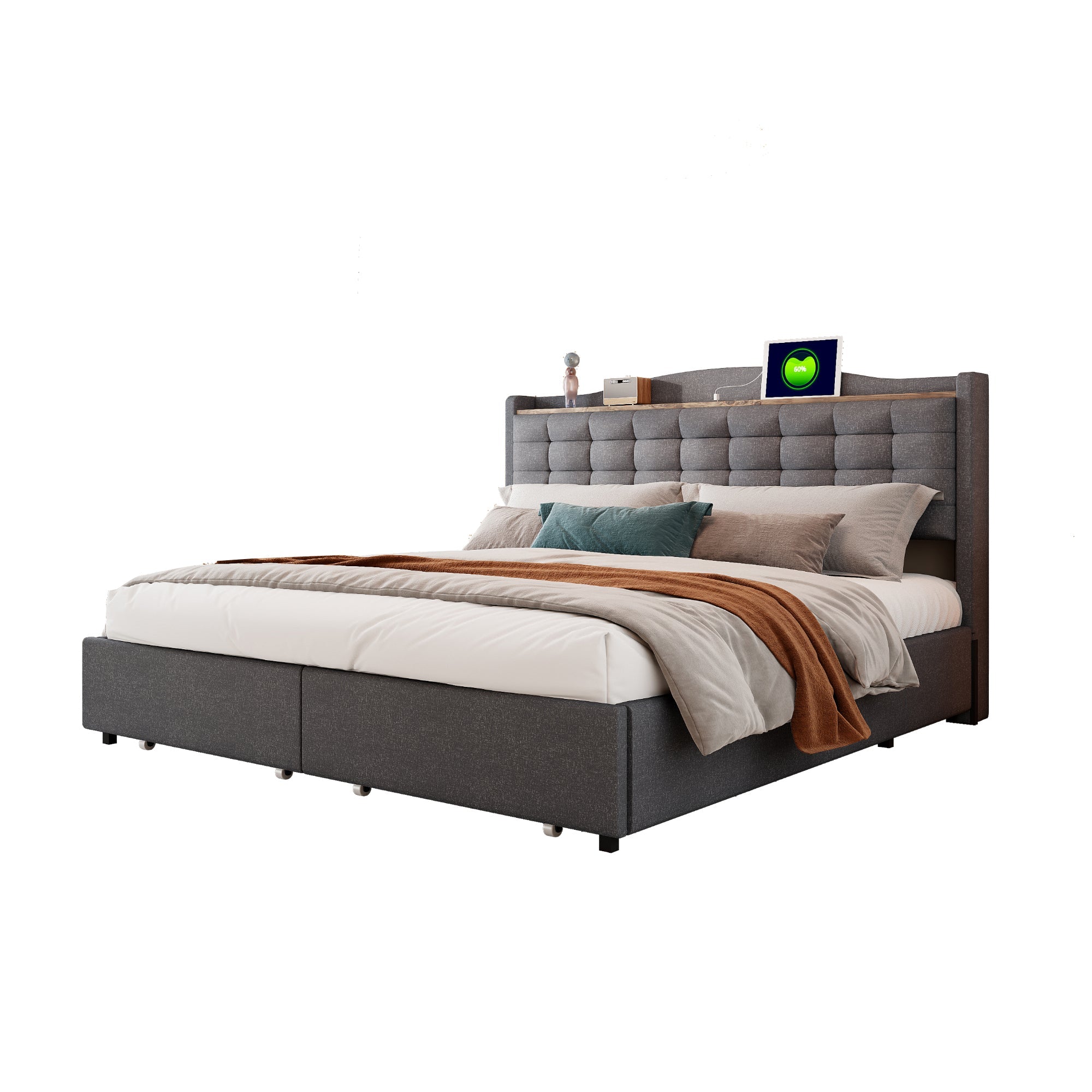 Logidon gestoffeerd bed 160x200 cm grijs met USB-oplaadpoort en plank