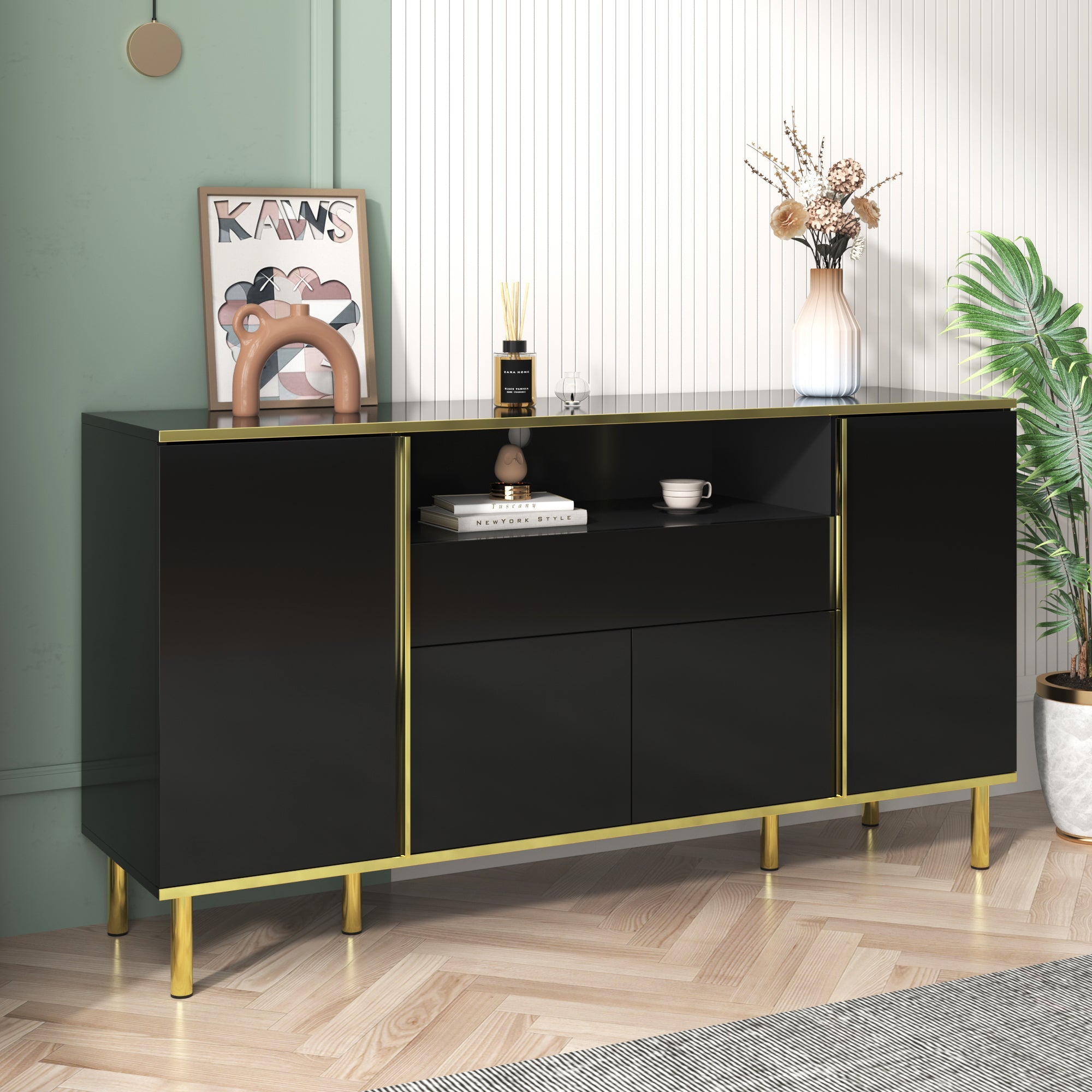 Logidon high-gloss sideboard black 150x40x80 with LED accents