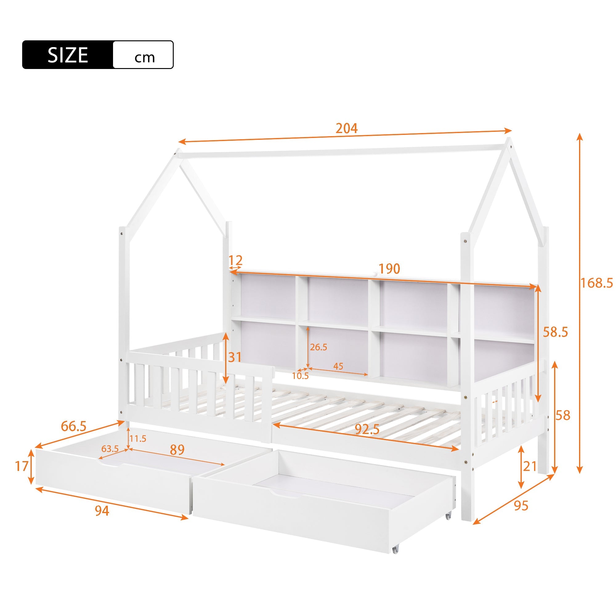 Logidon huisbed 90x200 wit met boekenkast en twee lades