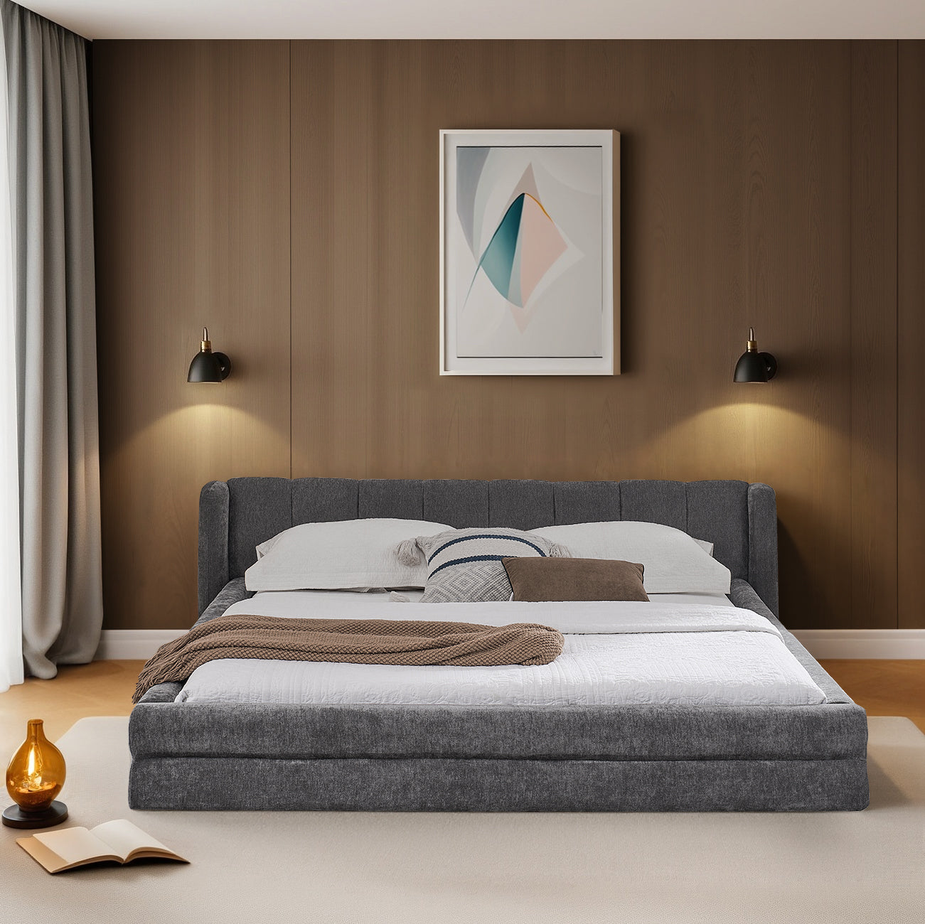 Logidon tweepersoonsbed 140x200 cm donkergrijs chenille met rugleuning
