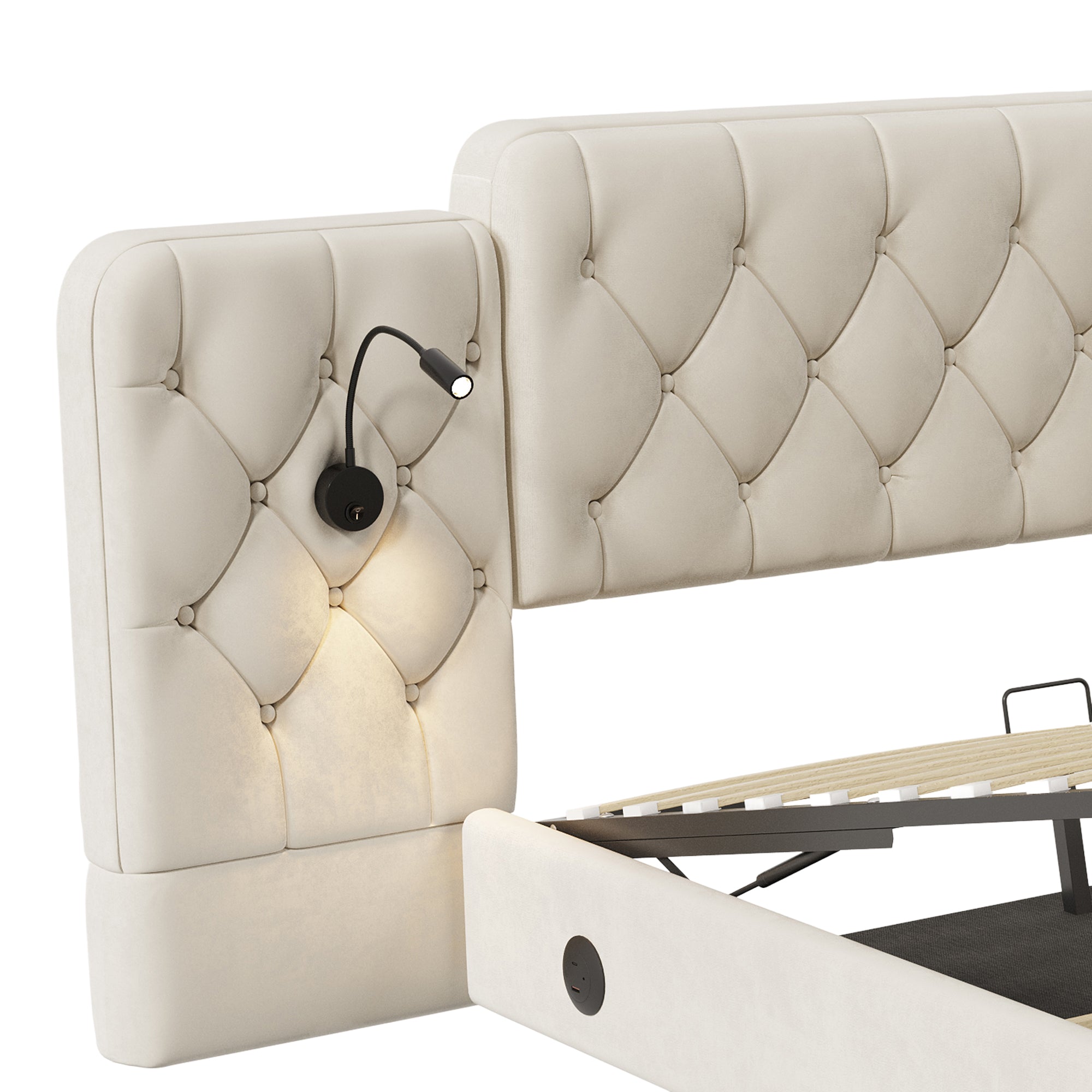 Logidon bedframe beige fluweel met lang hoofdeinde en USB-poorten