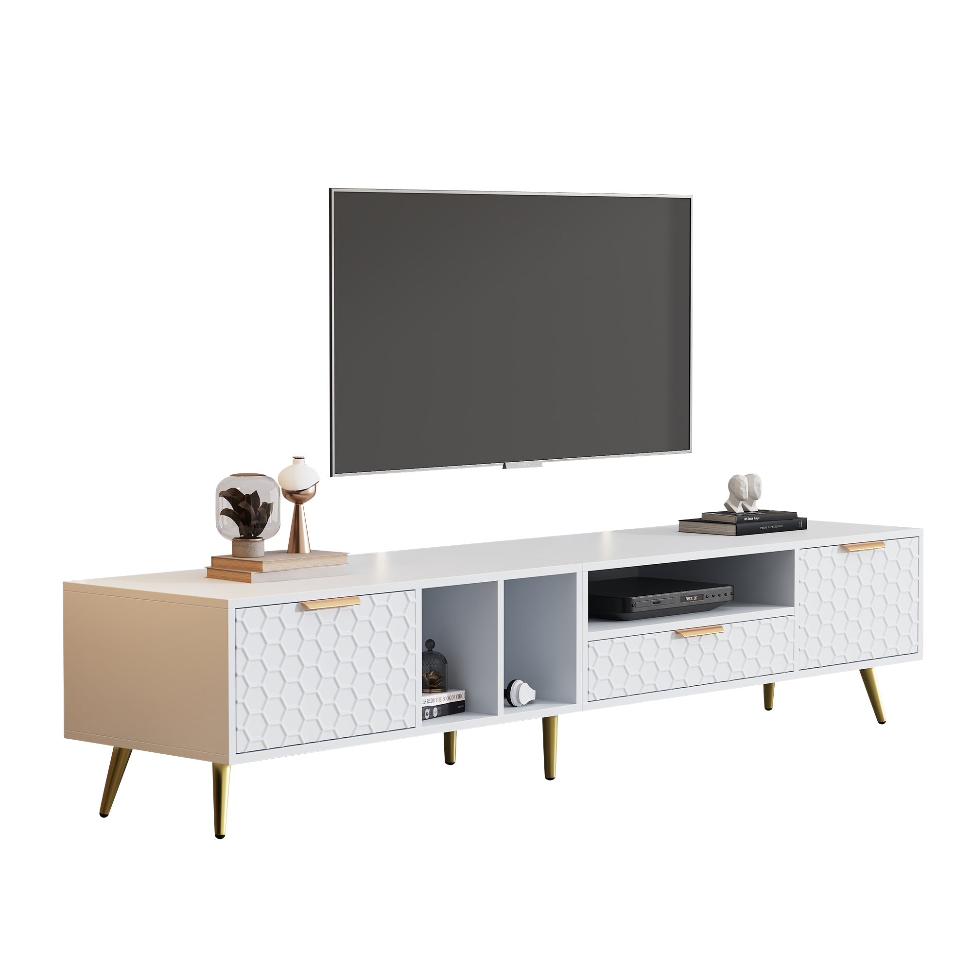 Logidon White TV Stand with Honeycomb Pattern and Storage Space for up to 80 Inches