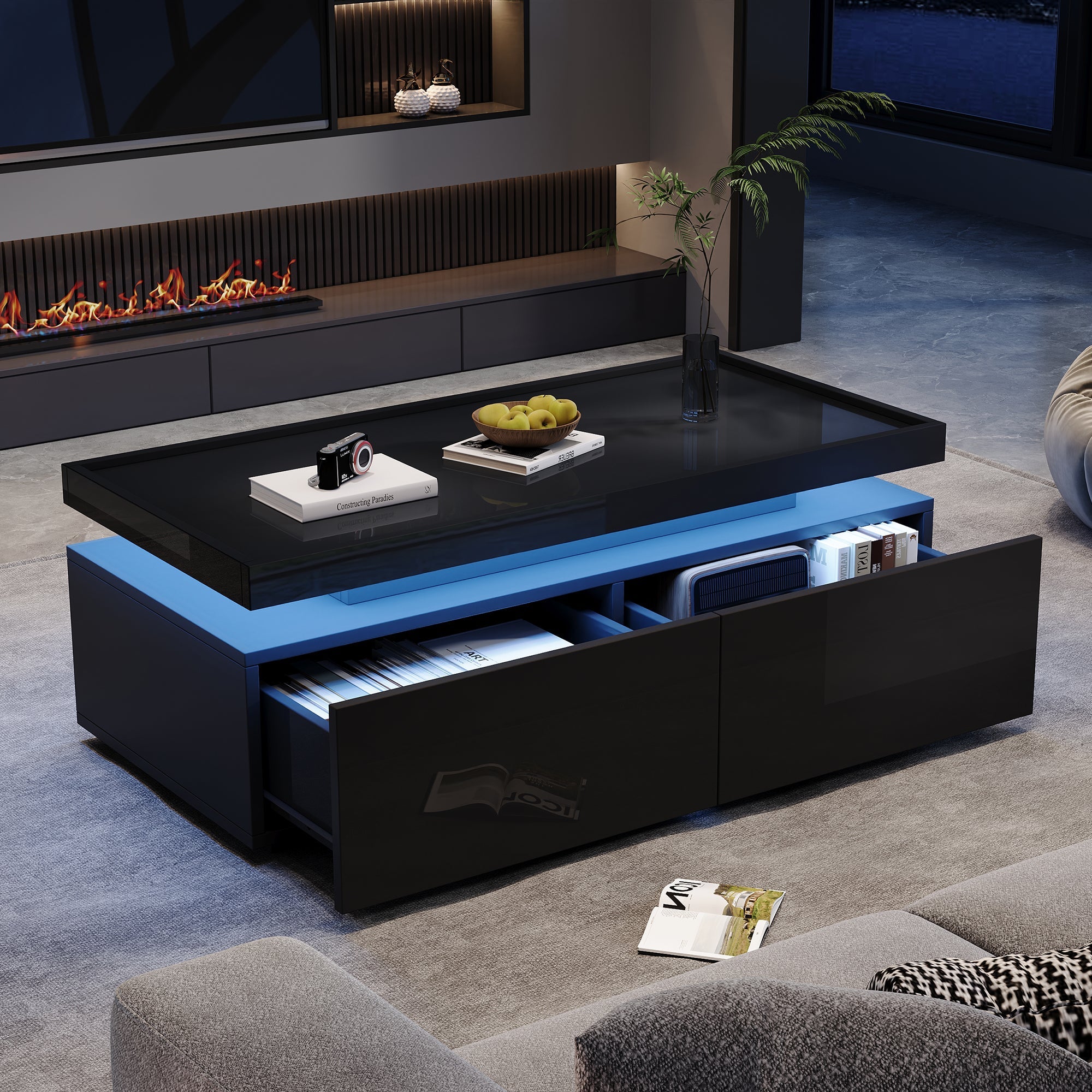 Logidon hoogglans salontafel 95x45x35 cm met LED verlichting zwart