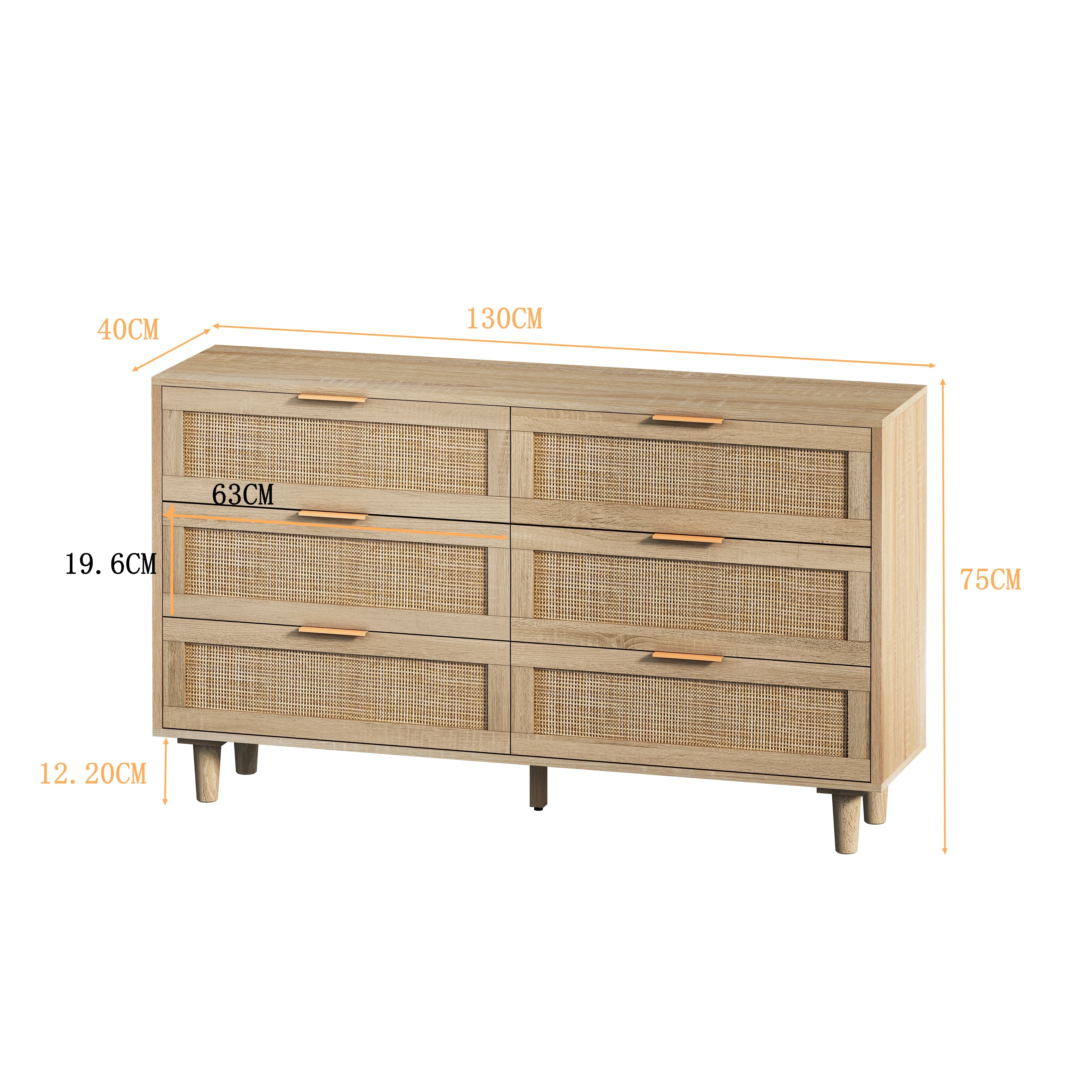 Logidon 130 cm rotan dressoir met 6 lades naturel rotan