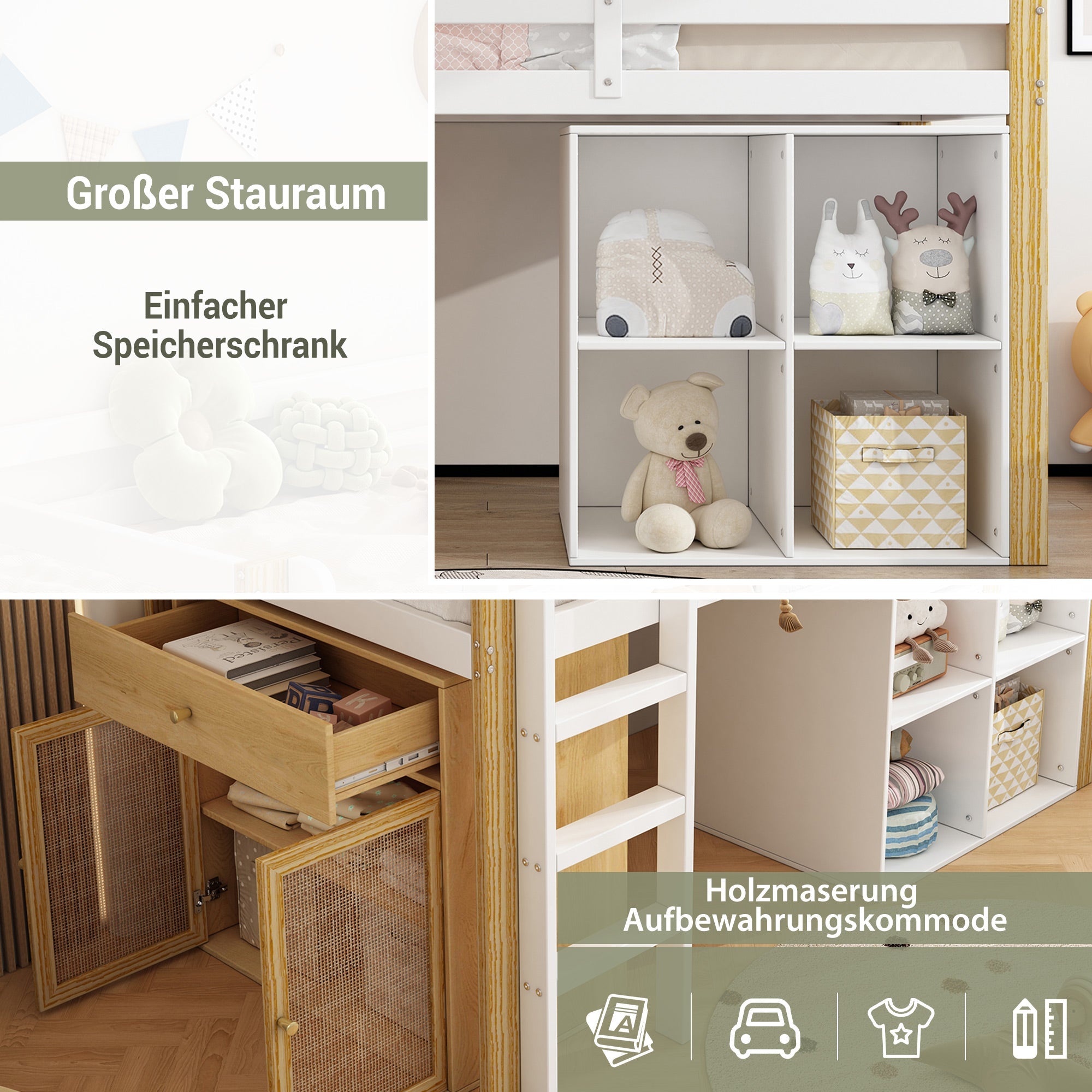 Logidon kinderhoogslaper 90x200 cm naturel wit met opbergruimte