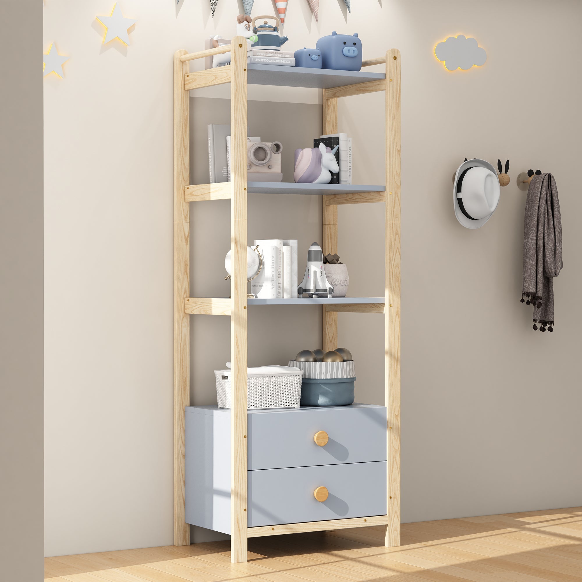 Logidon staande plank blauw naturel hout 2 lades 4 niveaus 70x44x180