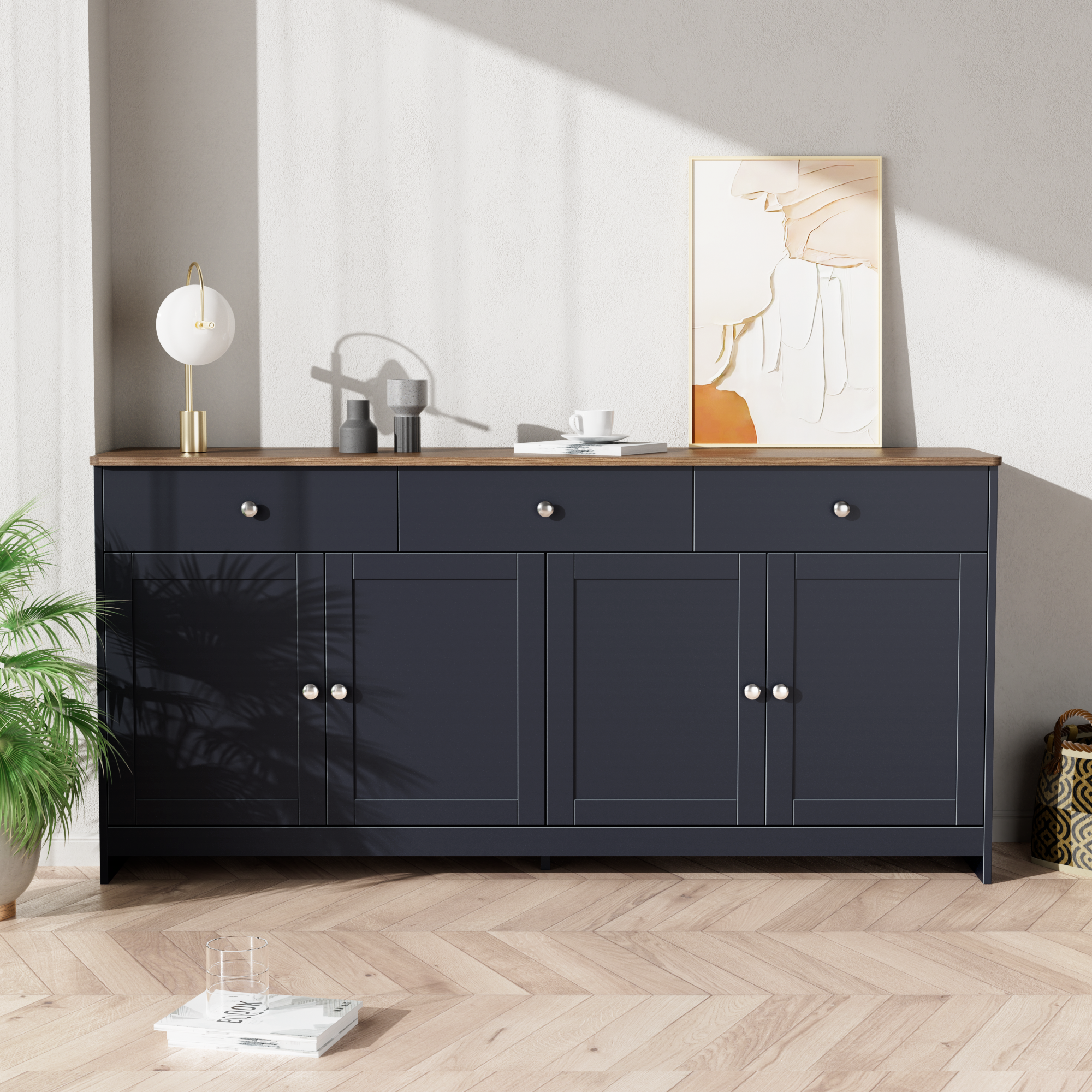 Logidon Dressoir Grijs Zwart Met Houtnerf 4 Deurs Drie Laden