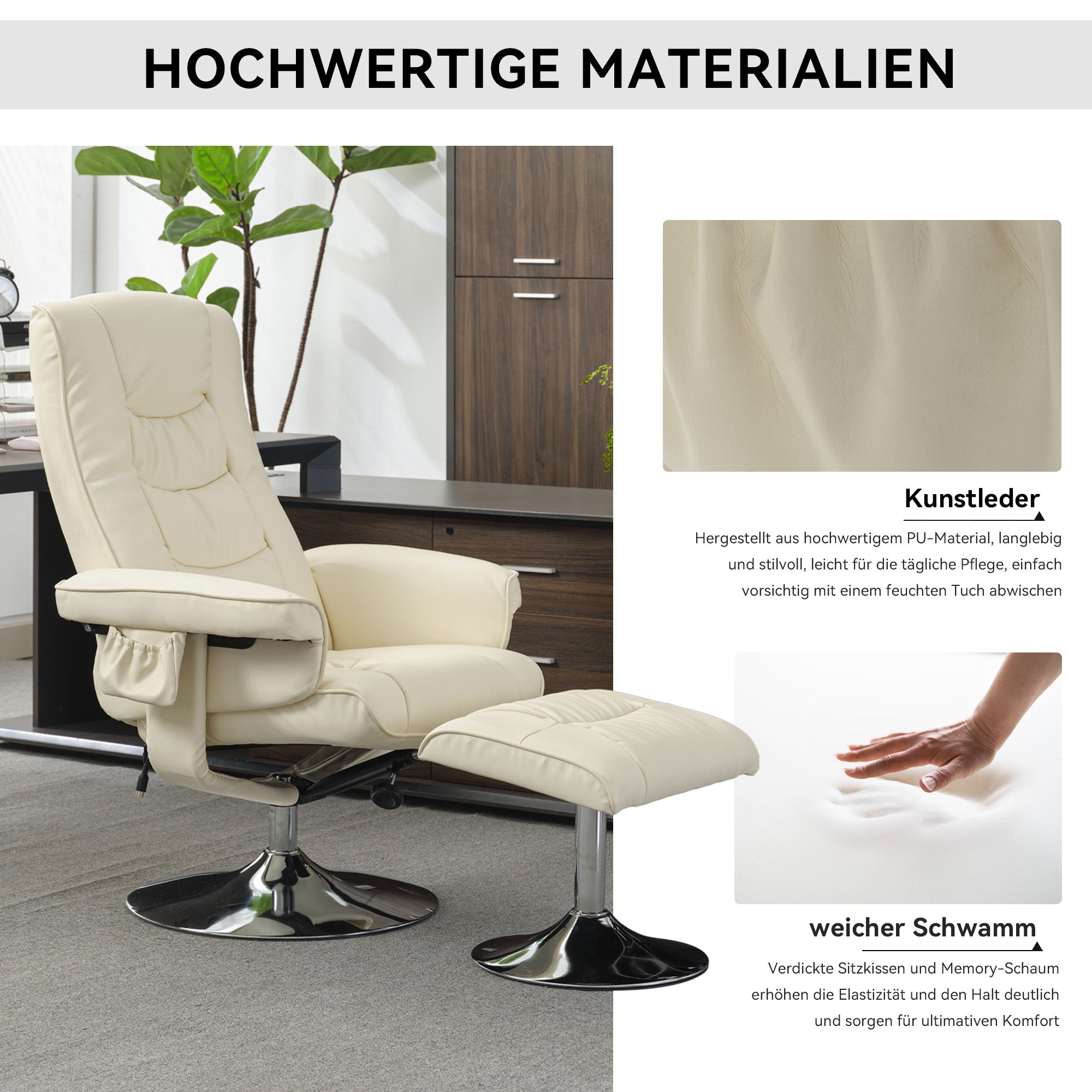 Logidon massagestoel met PU bekleding en voetenbank beige 5-punts massage