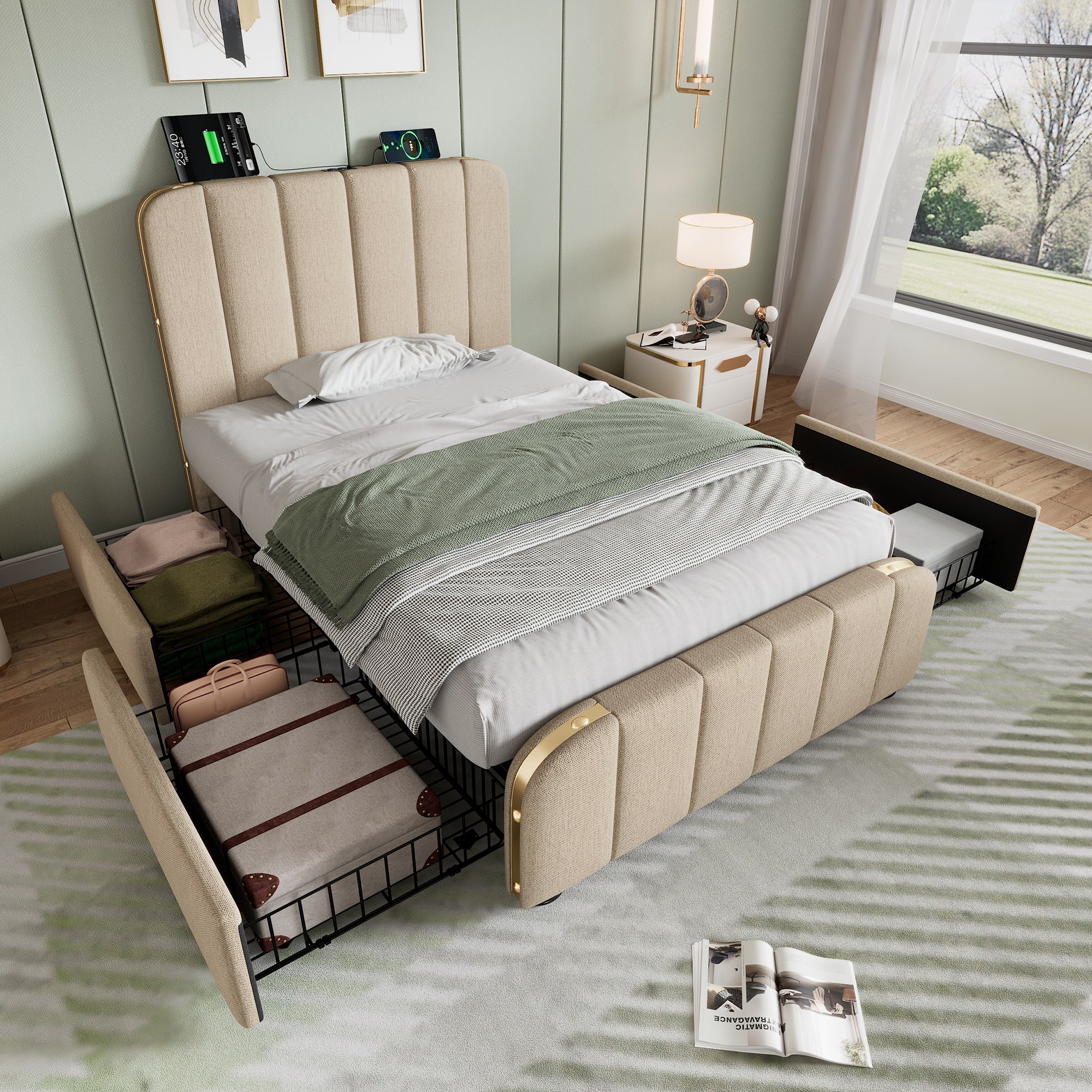 Logidon gestoffeerd bed 90x200 beige USB Type C oplaadfunctie 4 lades
