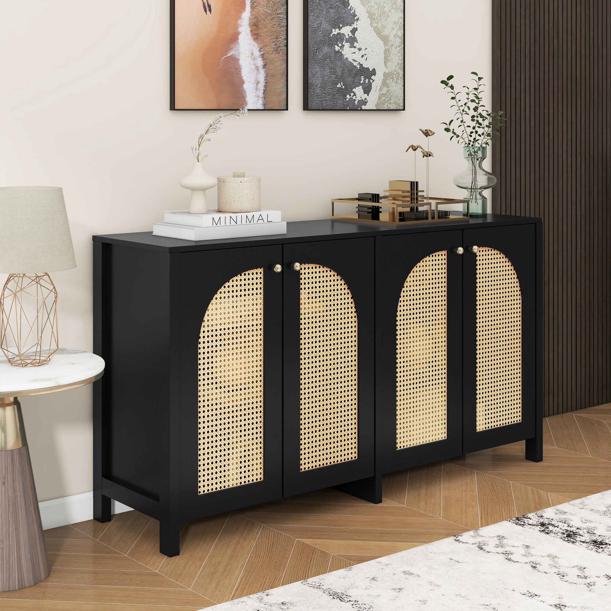 Logidon Dressoir Zwart Met Rotan Deuren Modern Buffet 145x40x80