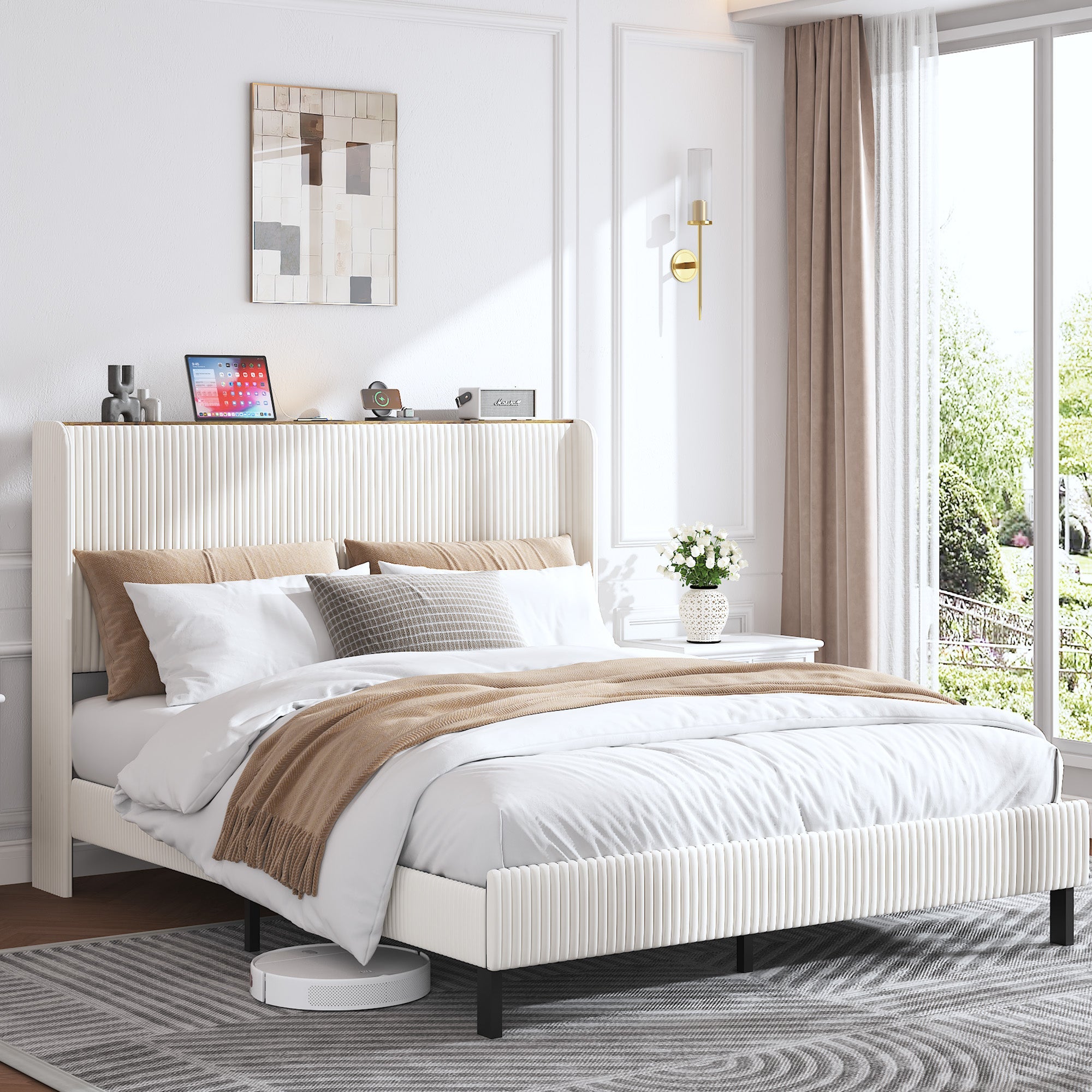 Logidon bedframe 160x200 gewatteerd platformbed, hoofdeinde van beige stof