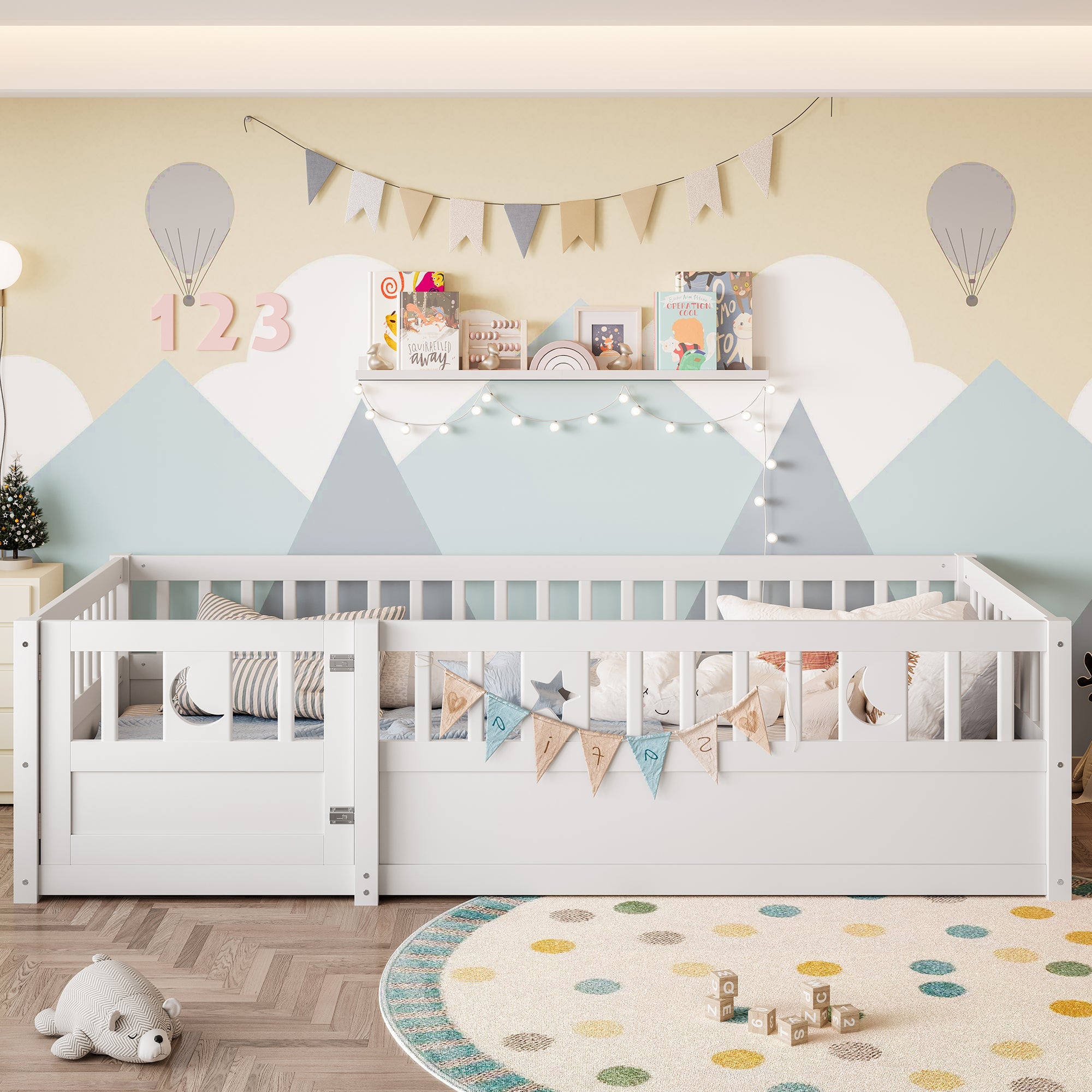 Logidon paneelbed 90x190 cm wit met raster ster maan decor