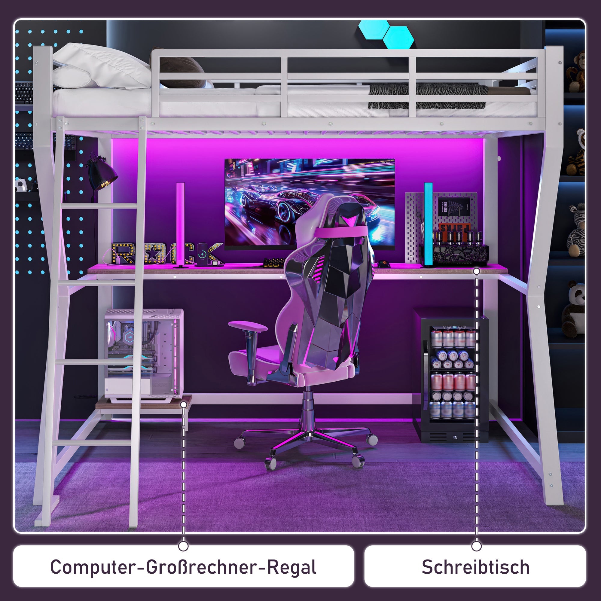 Logidon loft bed 90x200 with LED lighting and computer console white