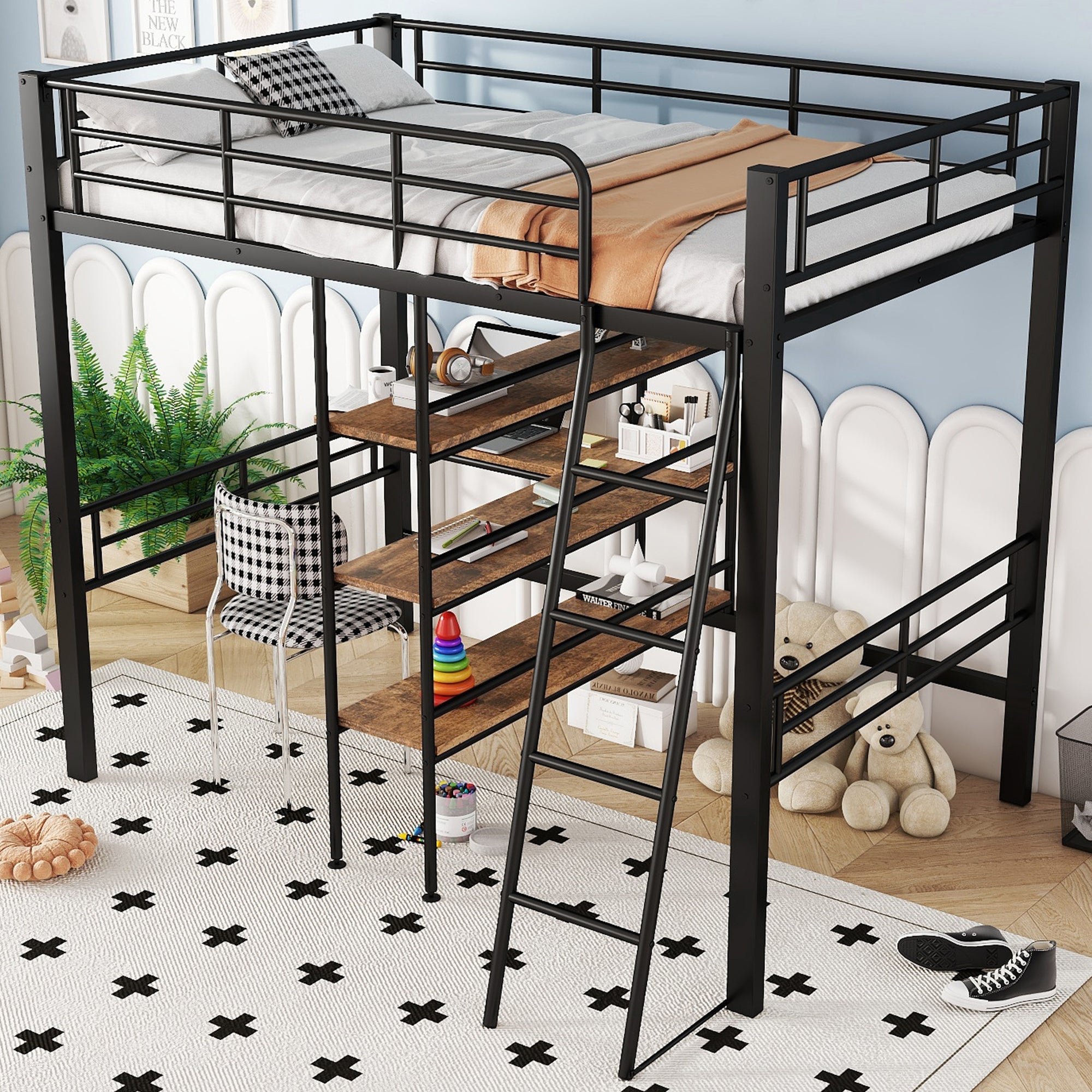 Logidon hoogslaper 90x200 cm met bureau, metalen frame zwart