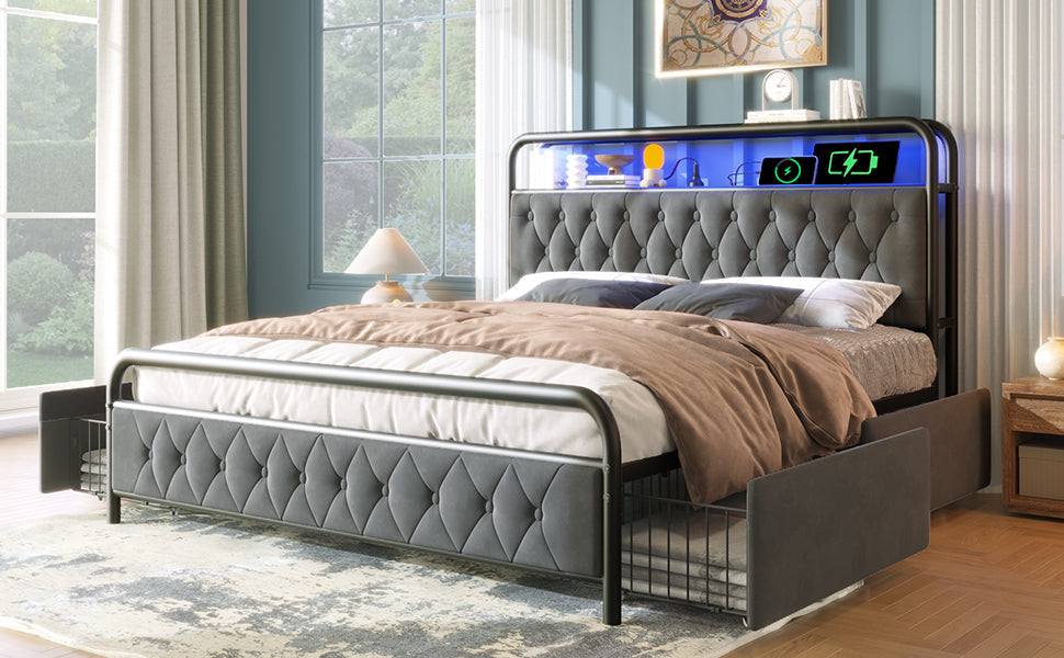 Logidon gestoffeerd bed 160x200 grijs USB-C oplaadfunctie LED-bediening