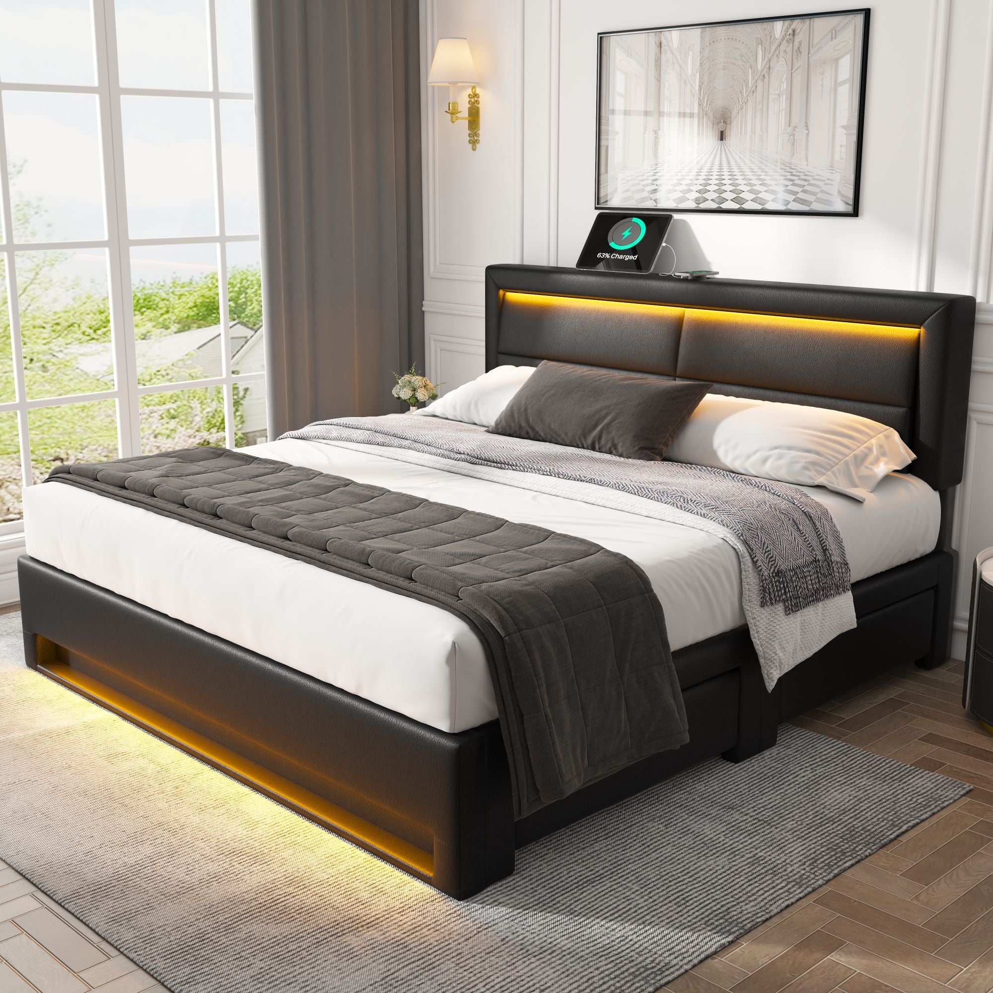 Logidon bed 140x190 cm met USB LED 4 lades zwart