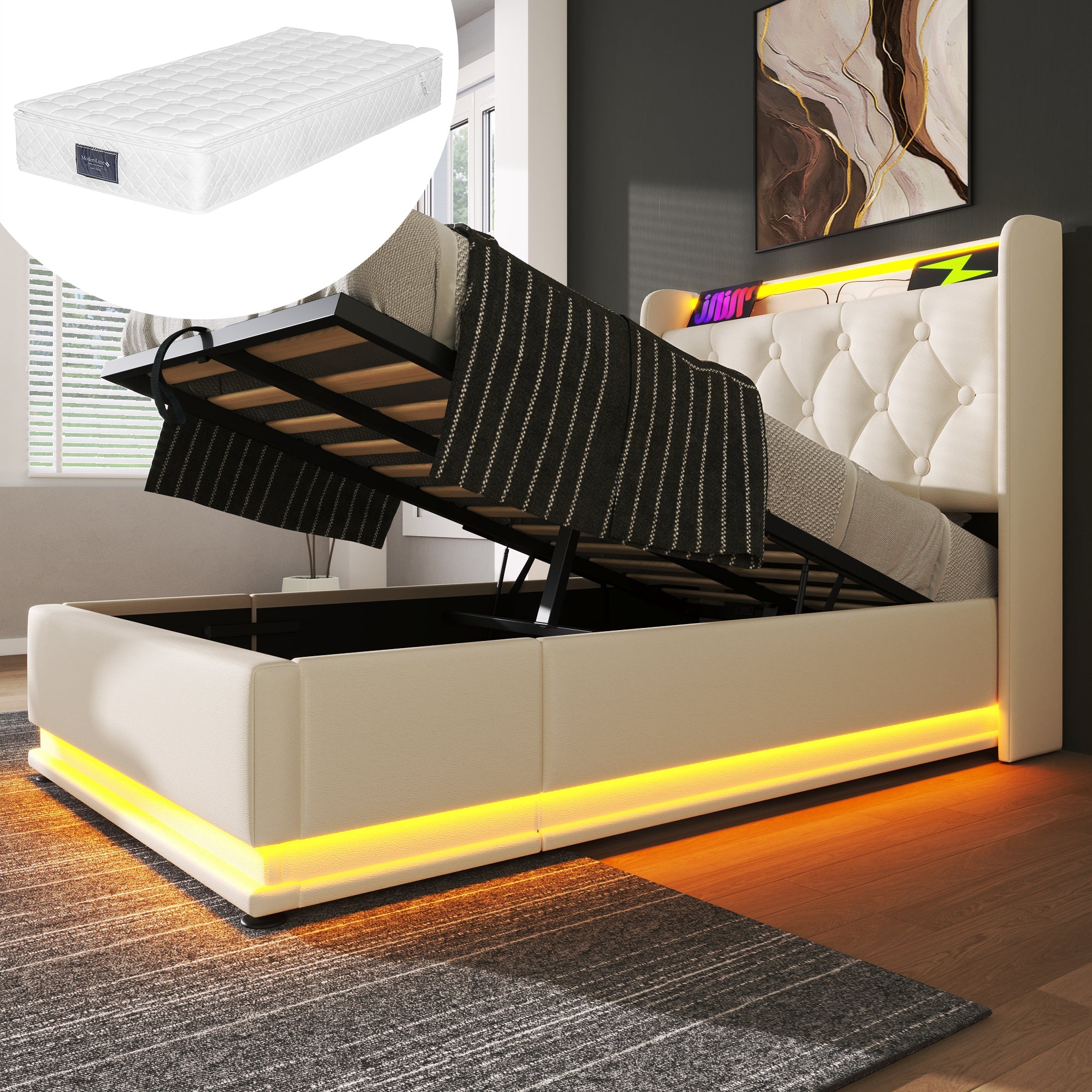 Logidon gestoffeerd bed 90x200 cm wit PU LED USB TypeC oplaadfunctie