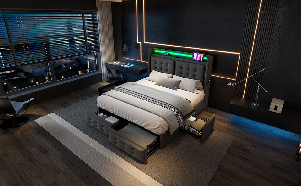 Logidon gestoffeerd bed 180x200 grijs met LED hoofdeinde USB-C 4 lades