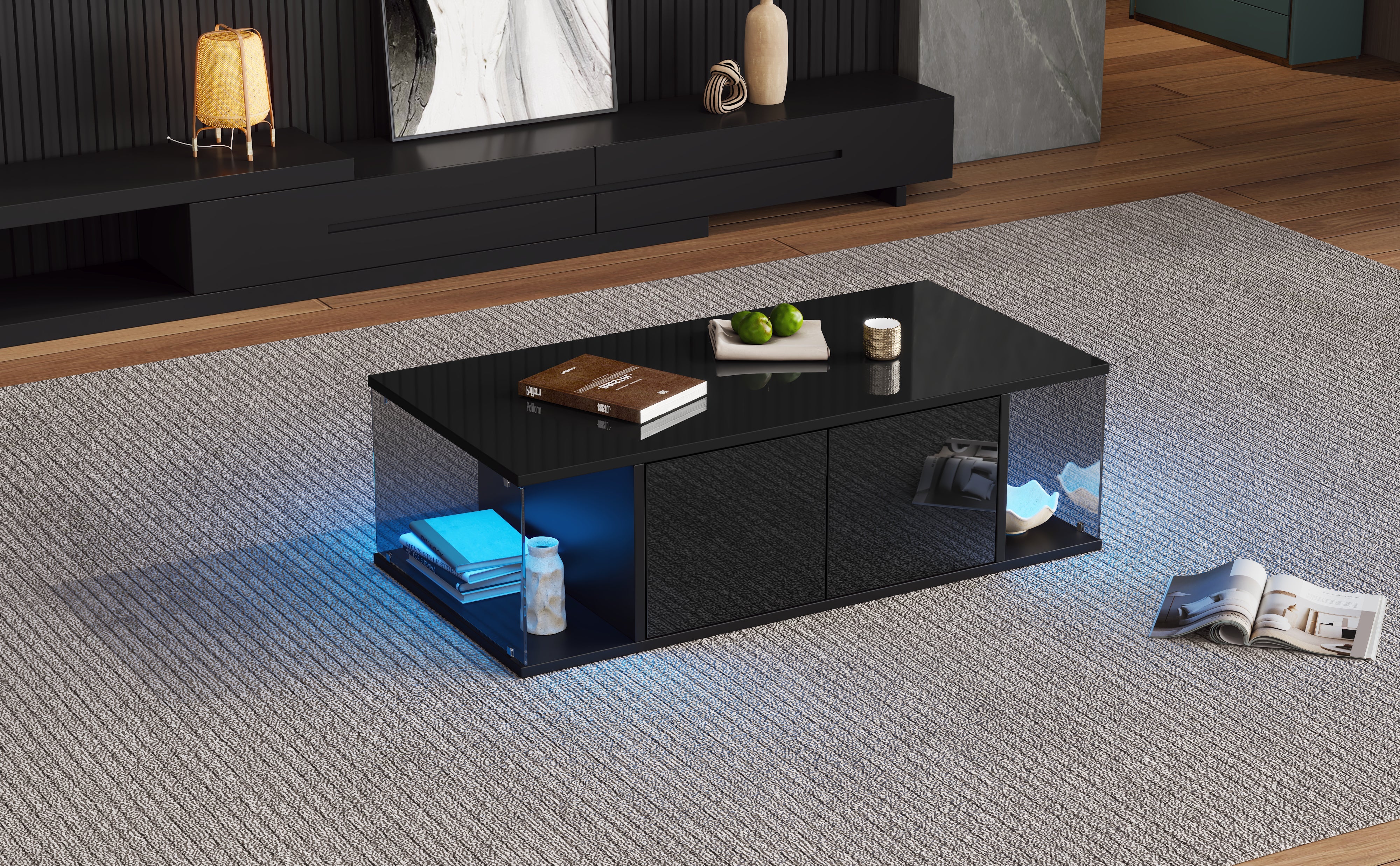 Logidon salontafel 100x50x30 cm zwart hoogglans LED 2 kasten