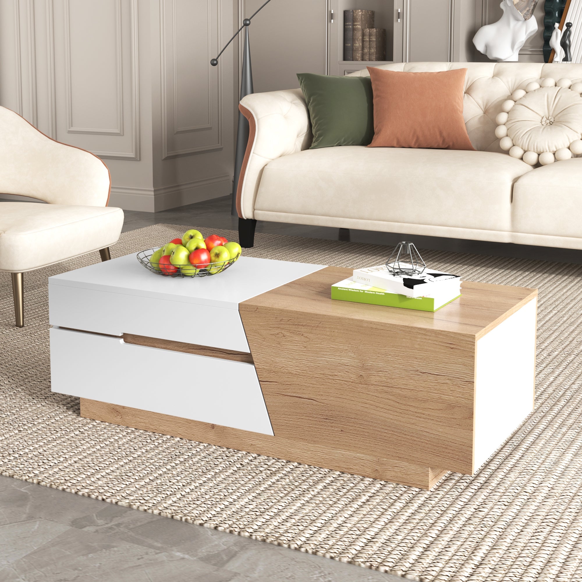 Logidon Uitschuifbare salontafel 120x50 natuurlijke lades kleurblokstructuur