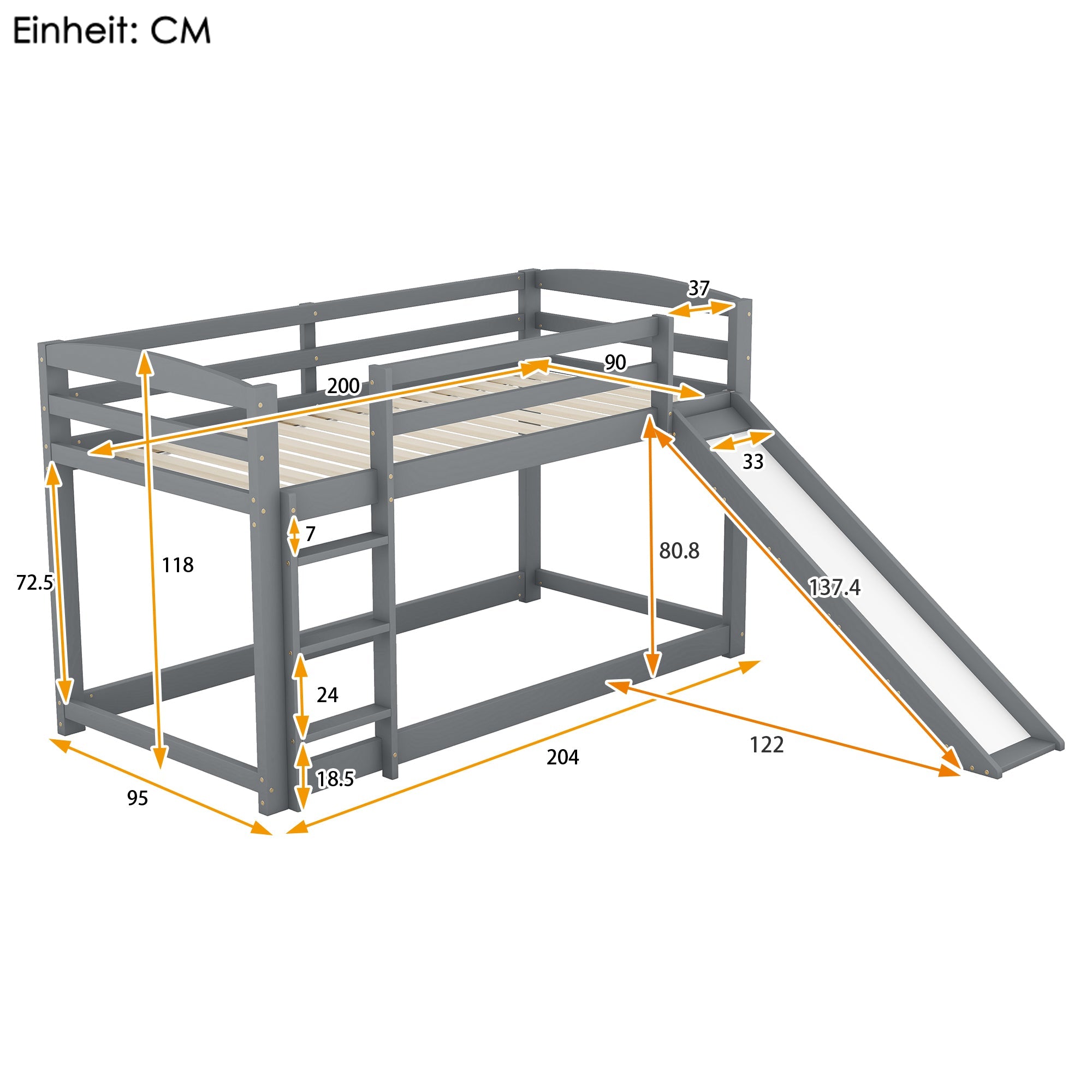 Logidon stapelbed met glijbaan grijs 90x200cm massief houten frame