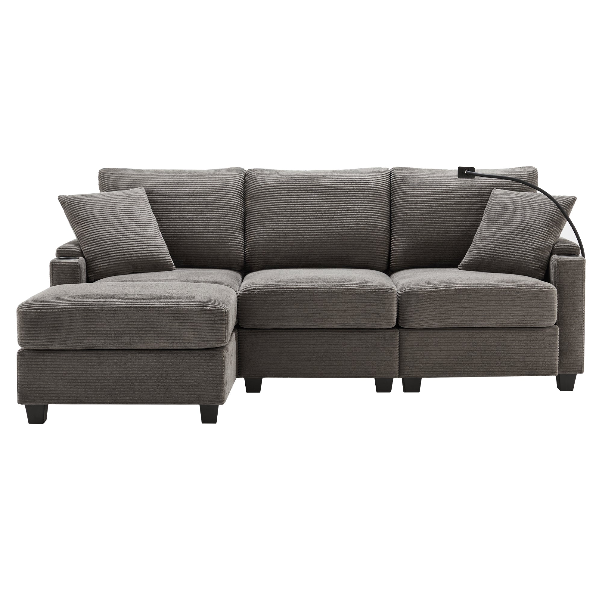 Logidon L-vorm Hoekbank Donkergrijs Corduroy Met USB-oplader