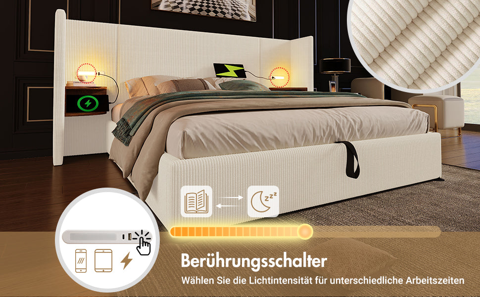 Logidon gestoffeerd bed 180x200 tweepersoonsbed beige-wit corduroy opbergruimte