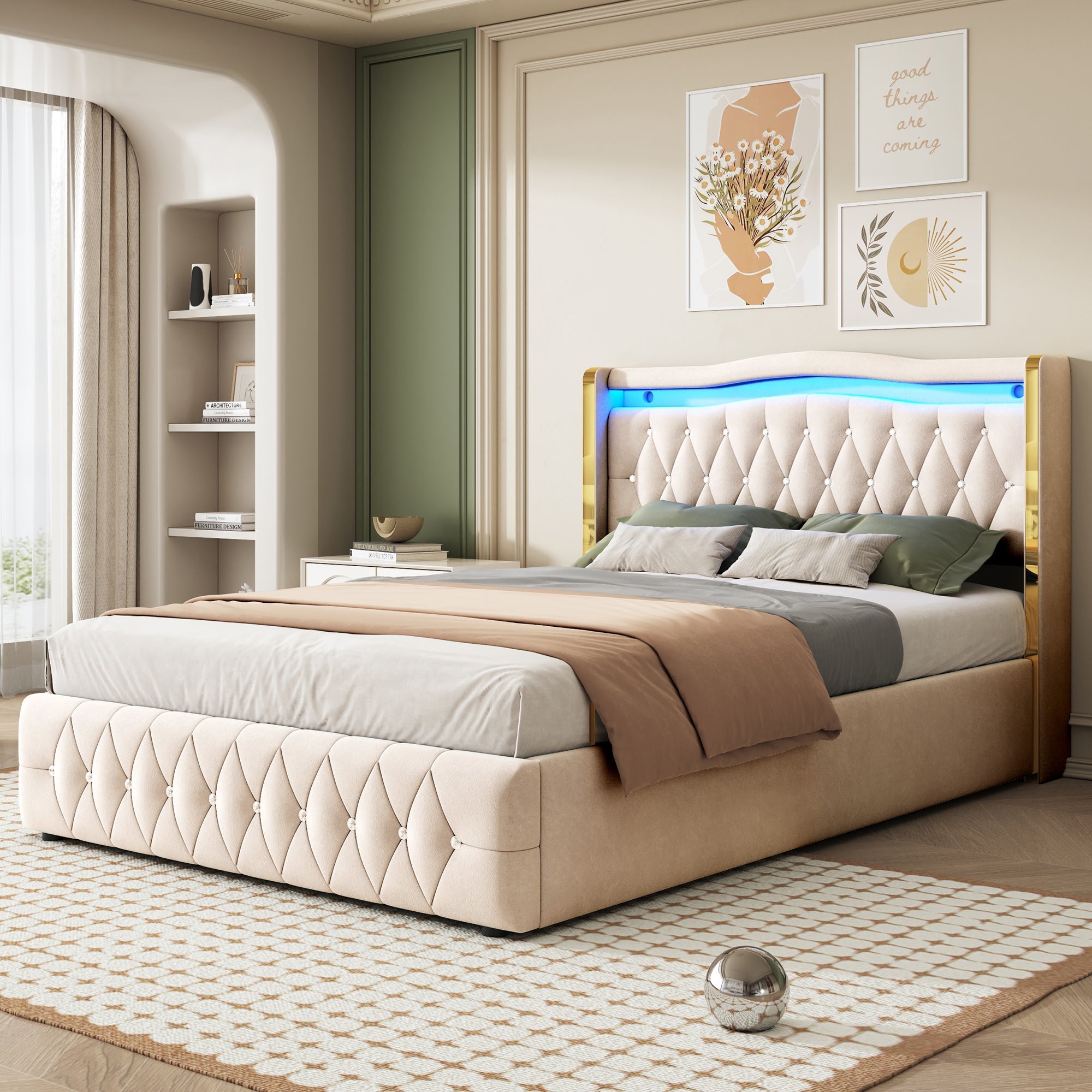 Logidon gestoffeerd bed 140x200 beige fluweel LED-verlichting hydraulisch