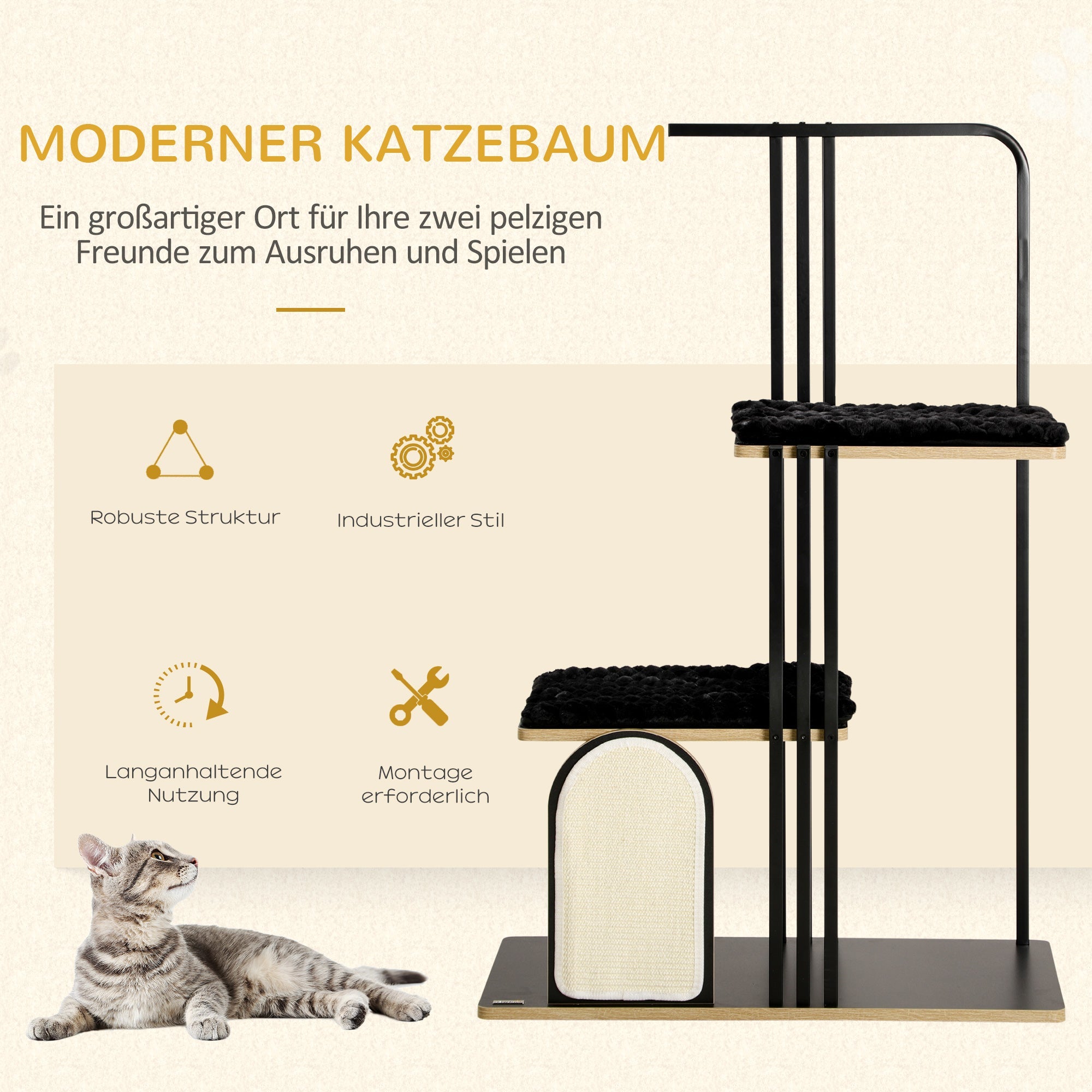 Logidon Krabpaal 128 cm Zwart 2 Platforms Kussen Krabplank