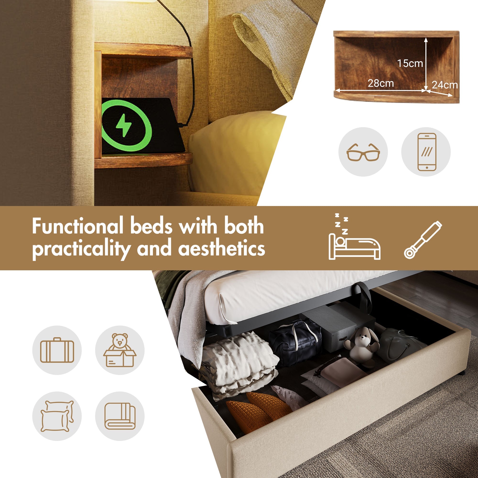 Logidon gestoffeerd bed tweepersoonsbed 180x200 met nachtkastje USB C oplaadfunctie