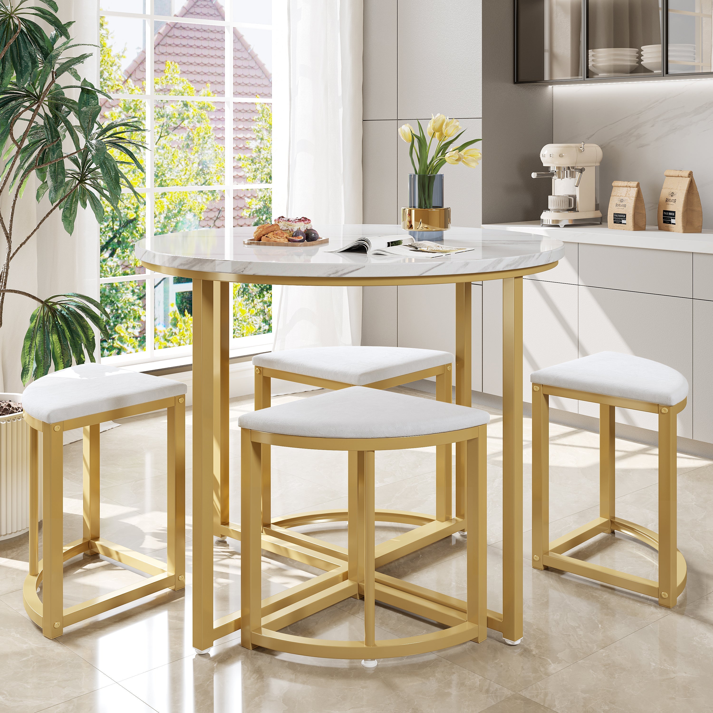 Logidon eetkamerset ronde tafel wit marmerlook goud frame 4 stoelen