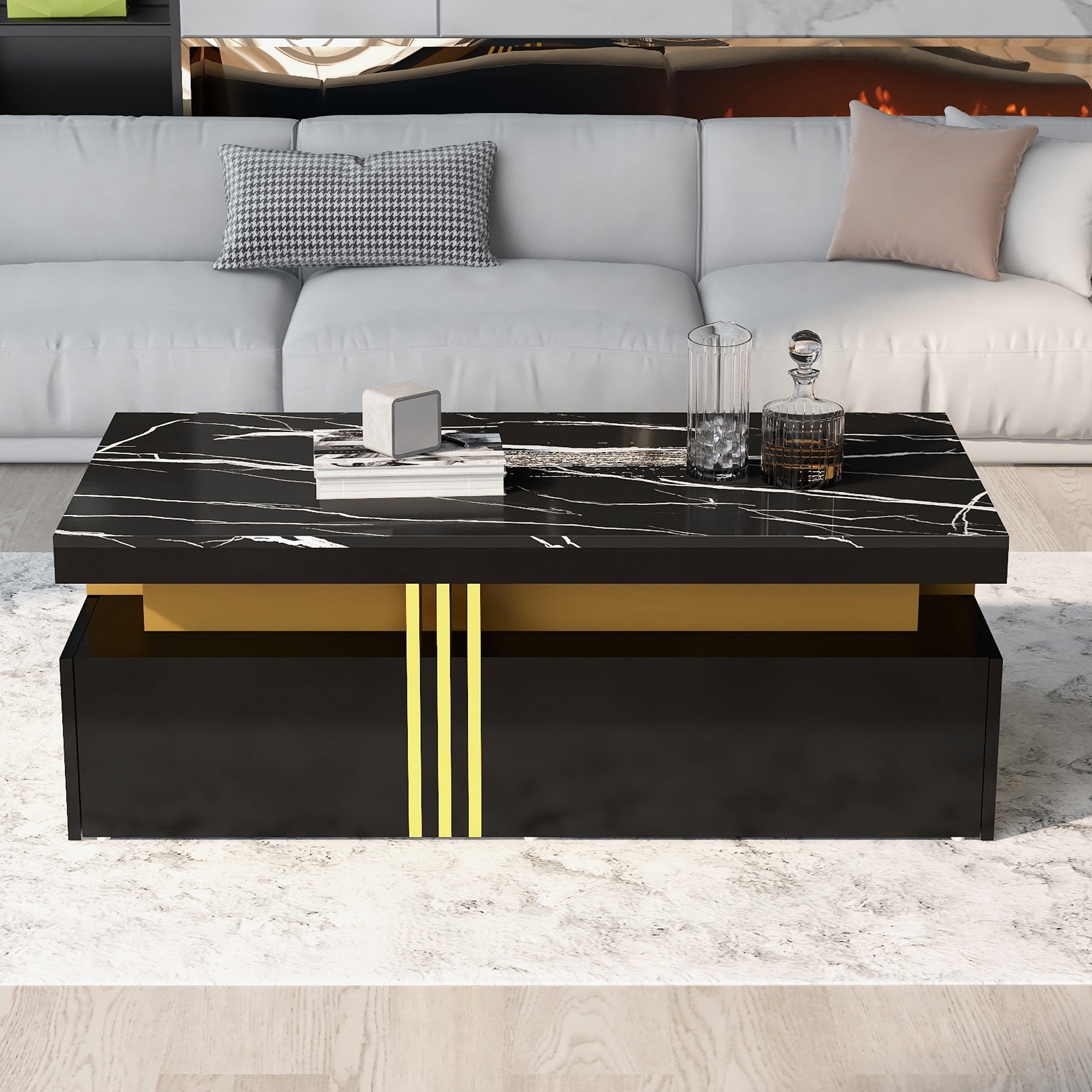 Logidon Zwarte tv-wandmeubelset 2 tv-kast salontafel marmerlook