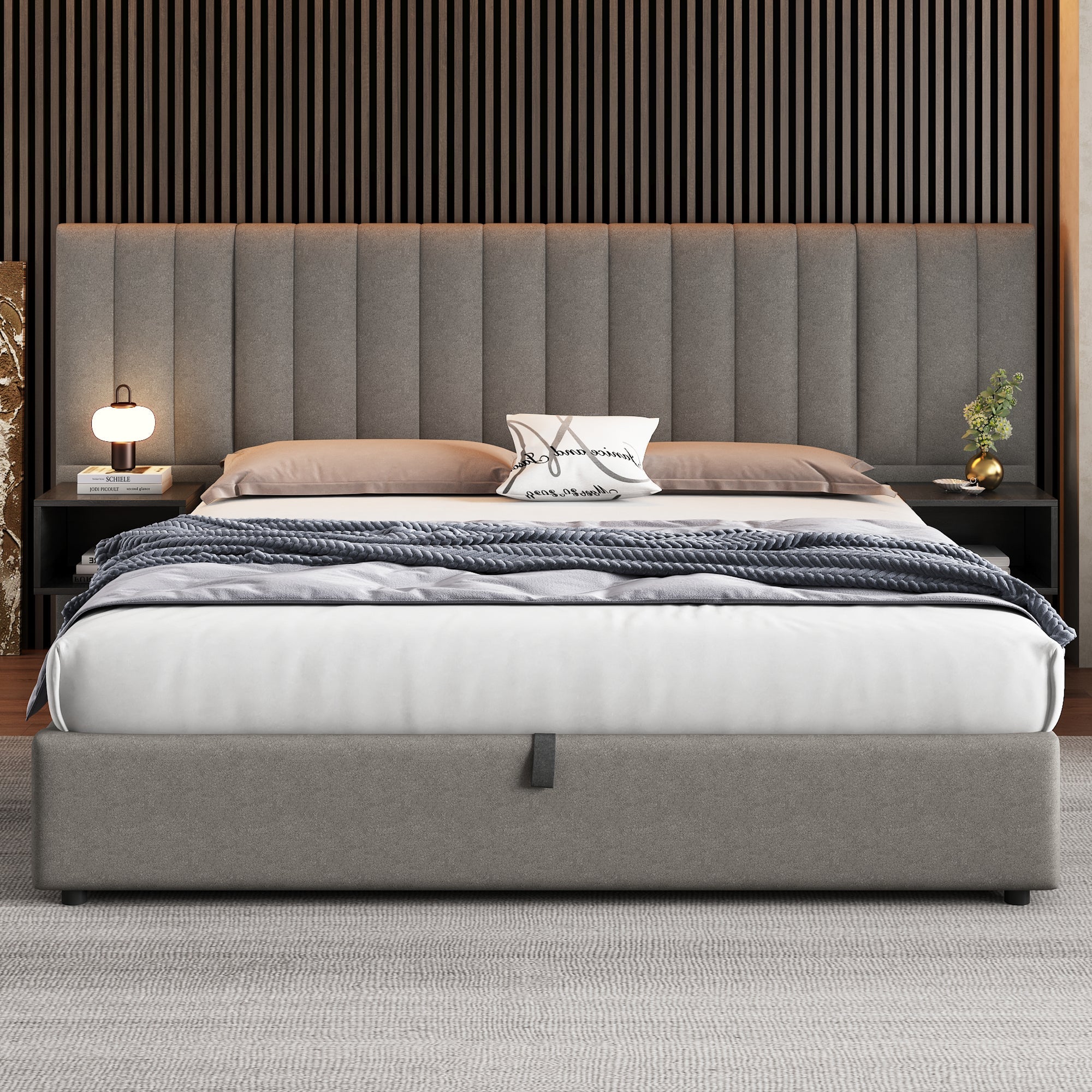 Logidon gestoffeerd bed 180x200 cm grijs zwart met twee nachtkastjes