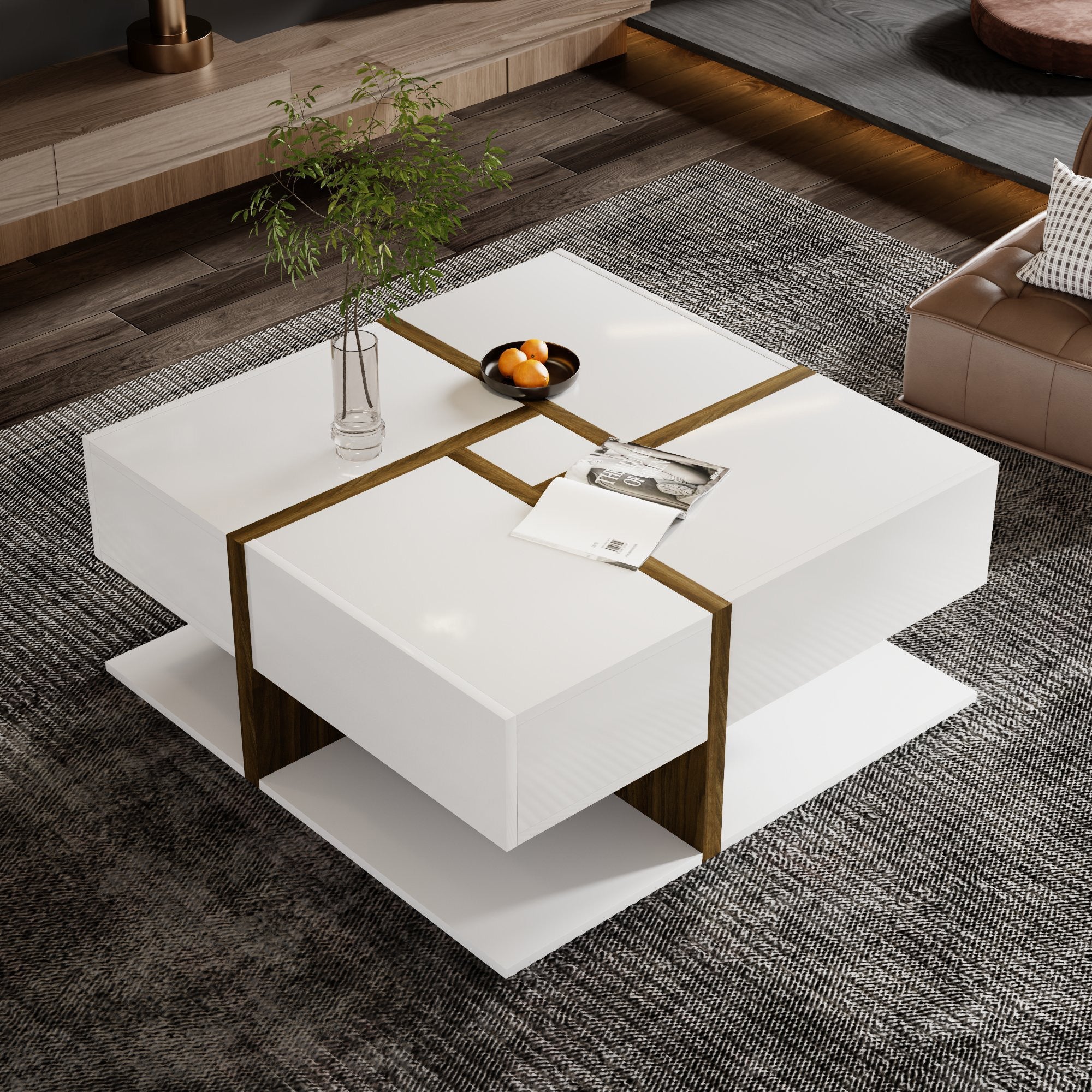 Logidon hoogglans salontafel wit met vier lades 78x78 cm