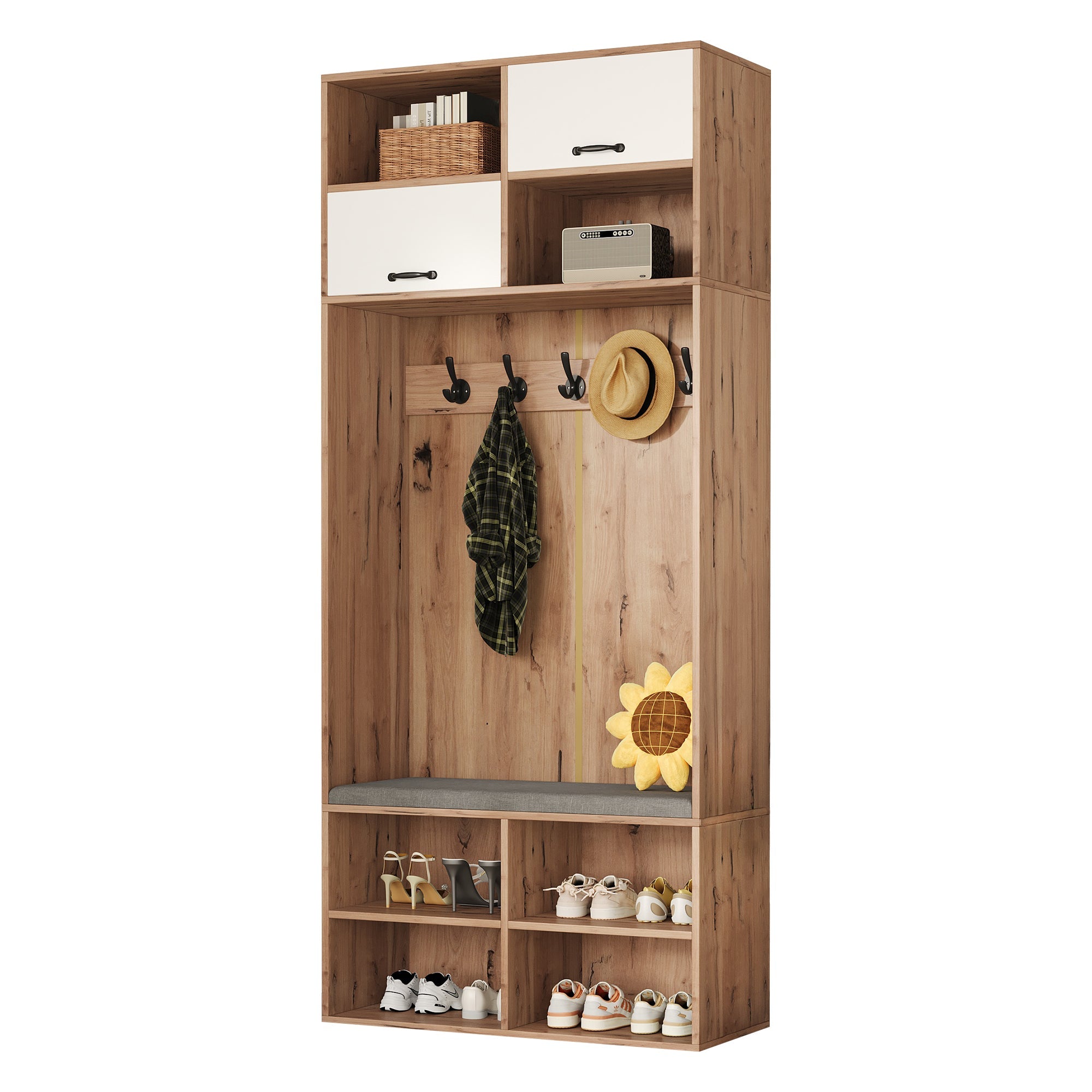 Logidon garderobekast met bank en 5 haken naturel wit 80x35x185cm