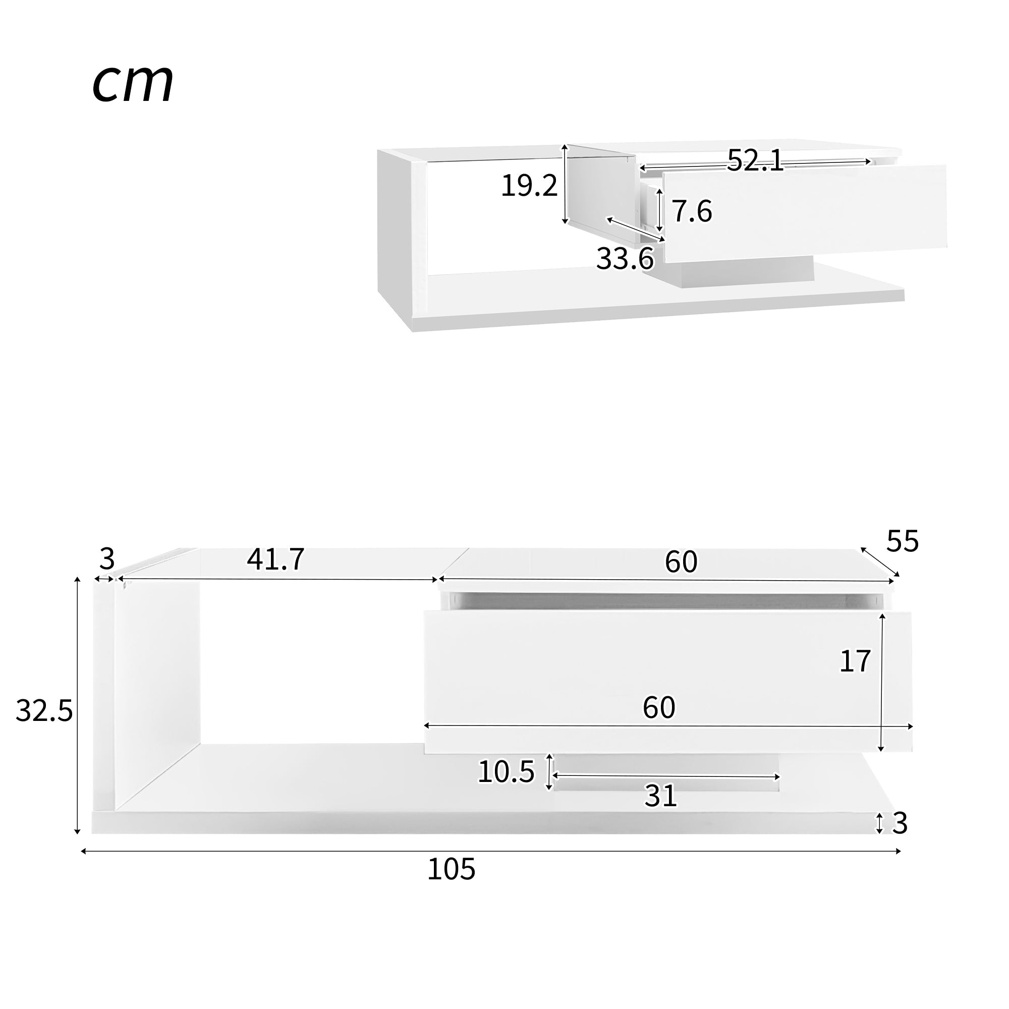 Logidon salontafel hoogglans wit glas LED 105 x 55 cm