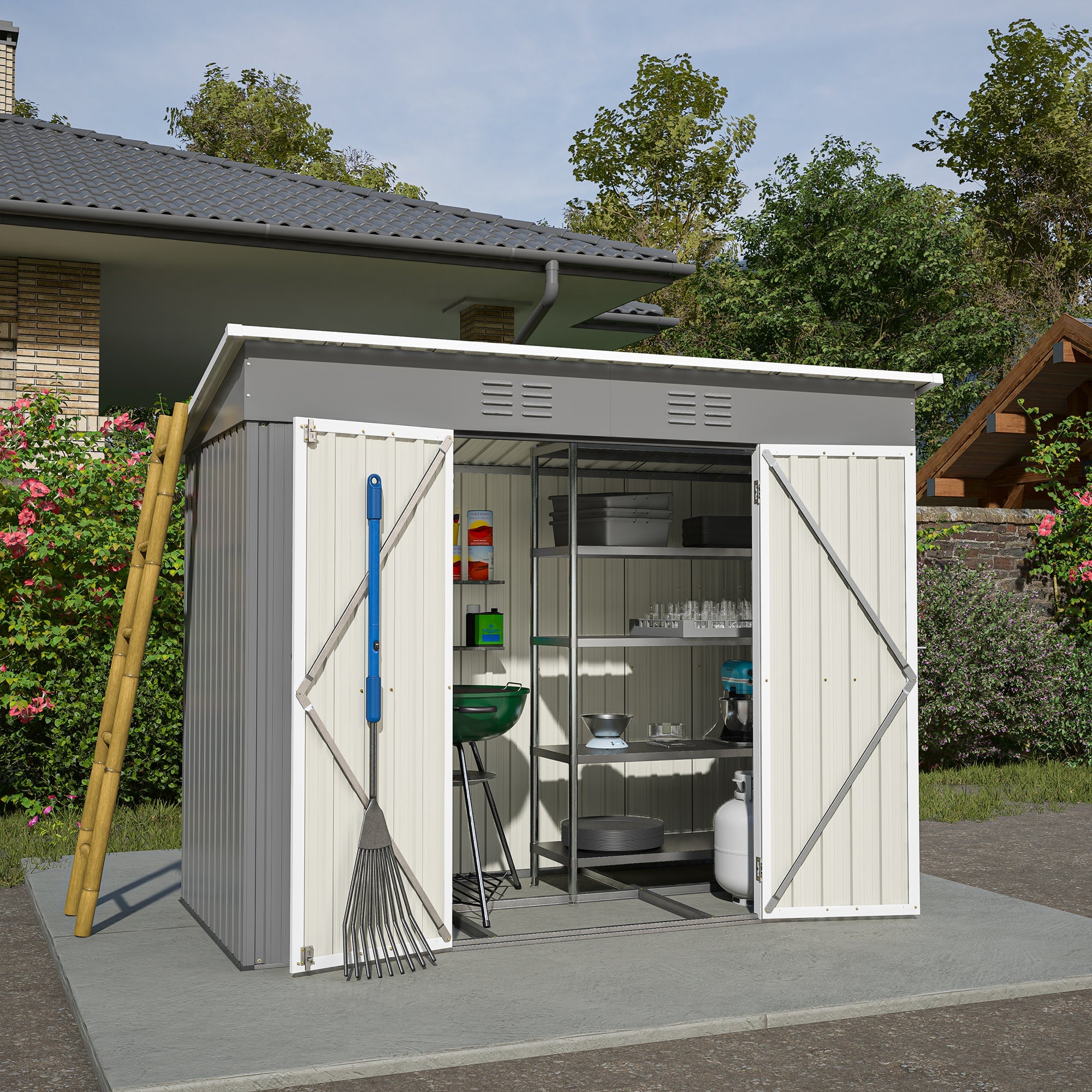 Logidon 8x4 Ft metalen gereedschapsschuur grijs met fundering weerbestendig