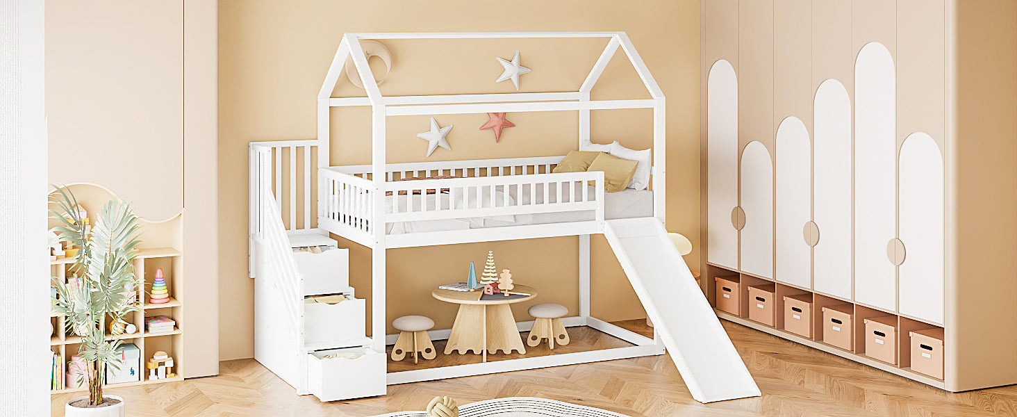 Logidon hoogslaper kinderstapelbed 90x200 wit glijbaan met opbergladder