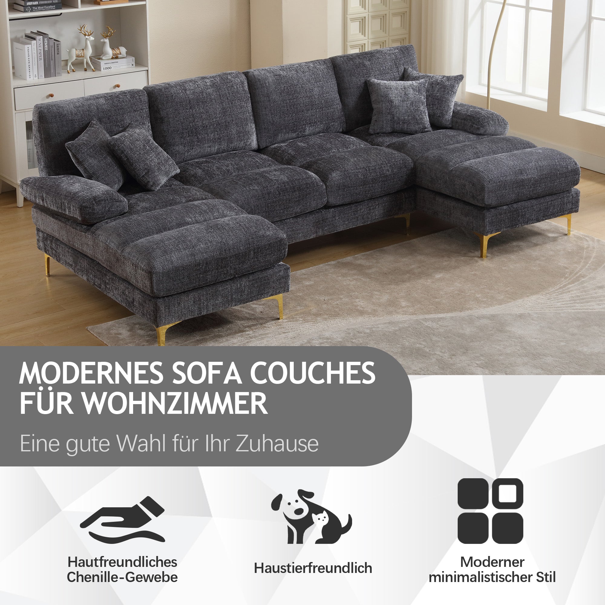 Logidon Modern Chenille U Shape Sectional Sofa Gray Double Berths
