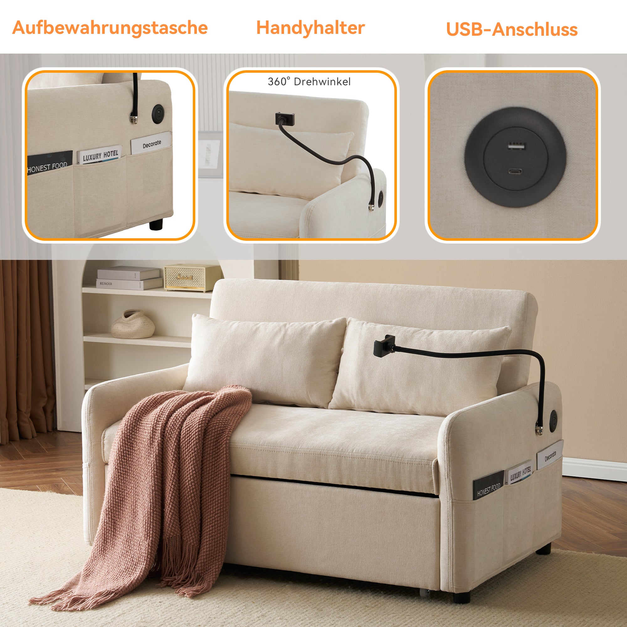 Logidon Modern Double Folding Sofa Beige Chenille With Sleep Function