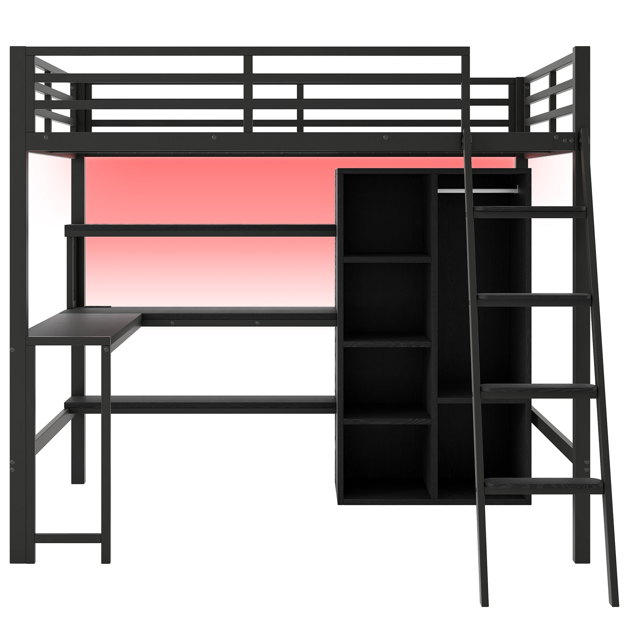Logidon metalen hoogslaper 140x200 zwart met trap bureau USB LED