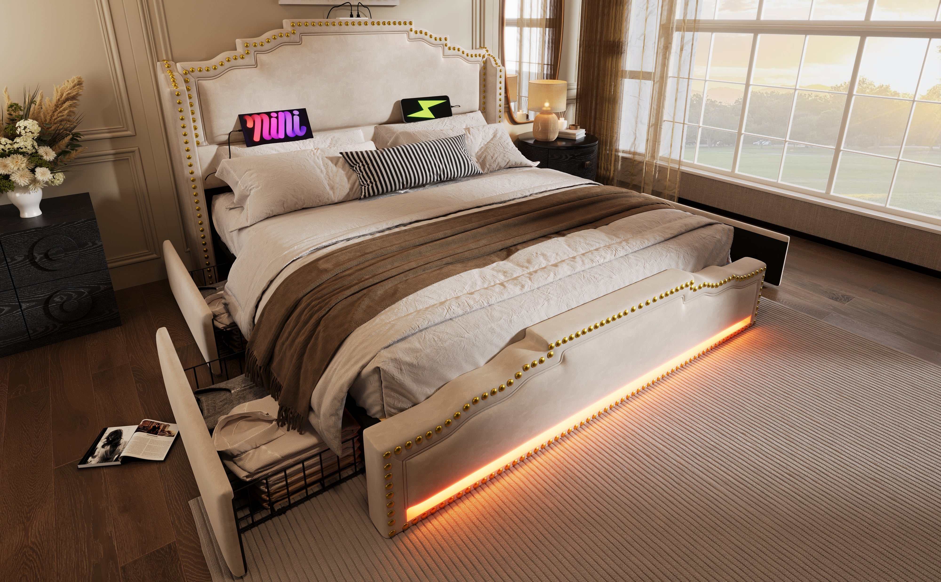 Logidon gestoffeerd bed 160x200 beige fluweel met 4 lades LED USB C