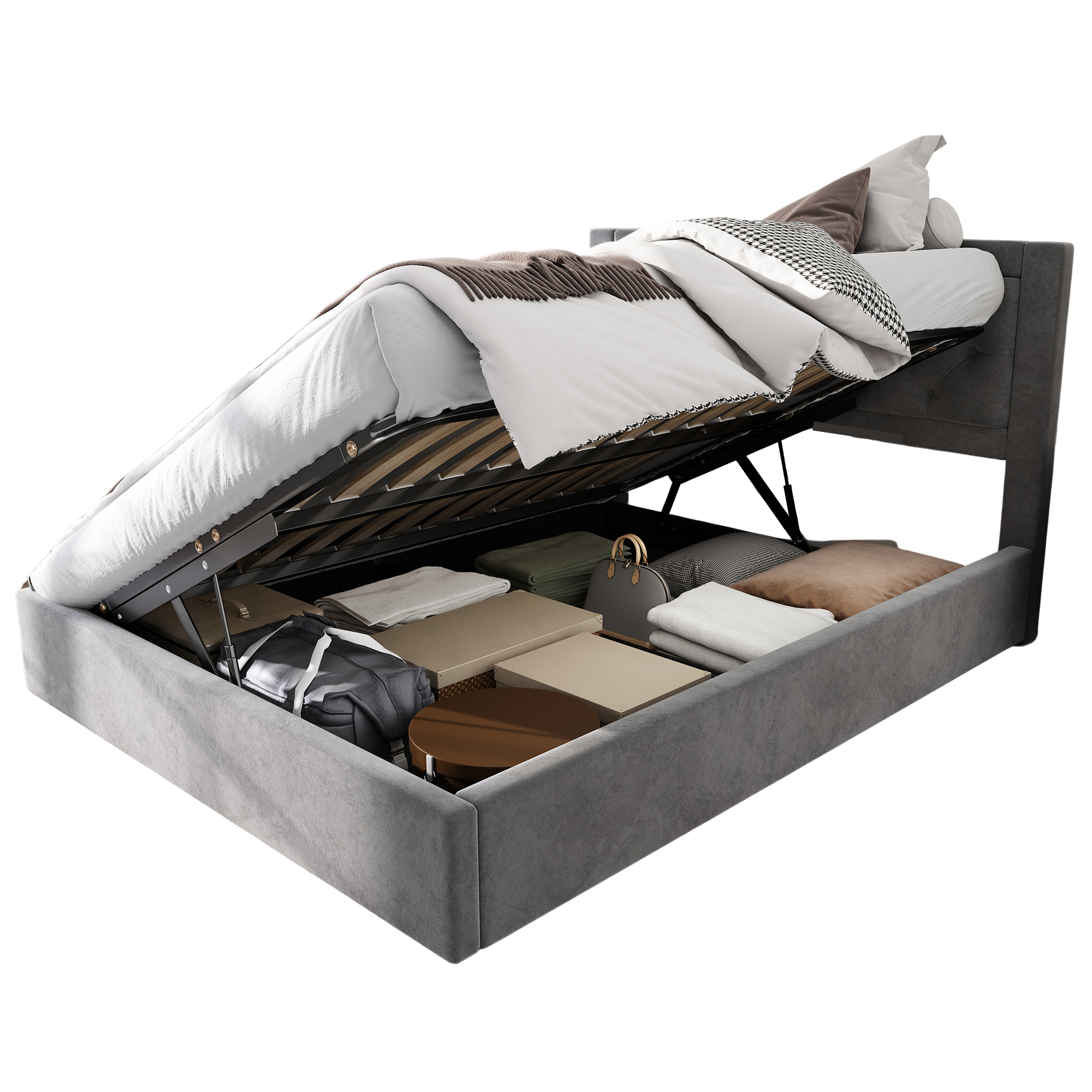 Logidon gestoffeerd bed met opbergruimte Chesterfield stijl 140x200 grijs