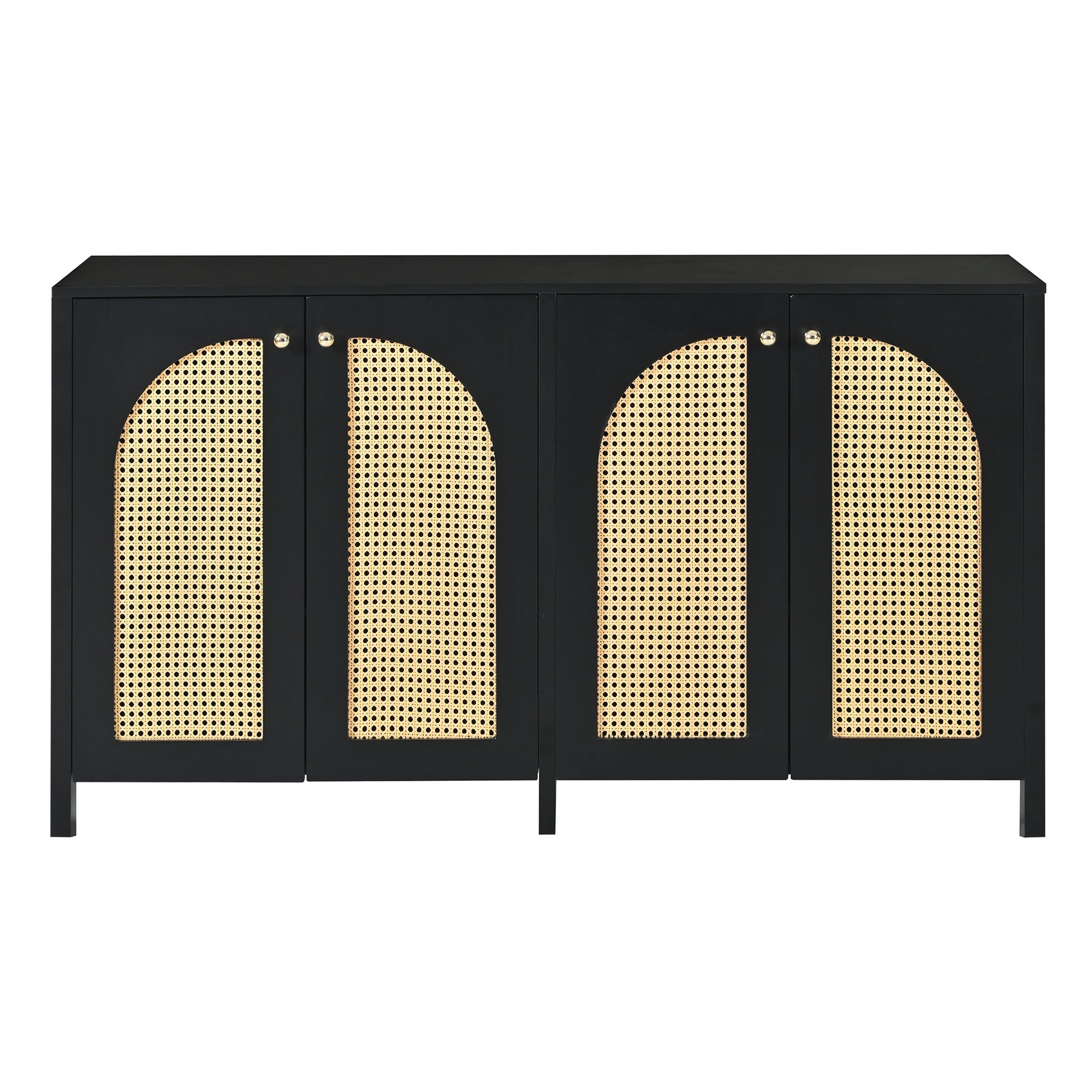 Logidon Dressoir Zwart Met Rotan Deuren Modern Buffet 145x40x80
