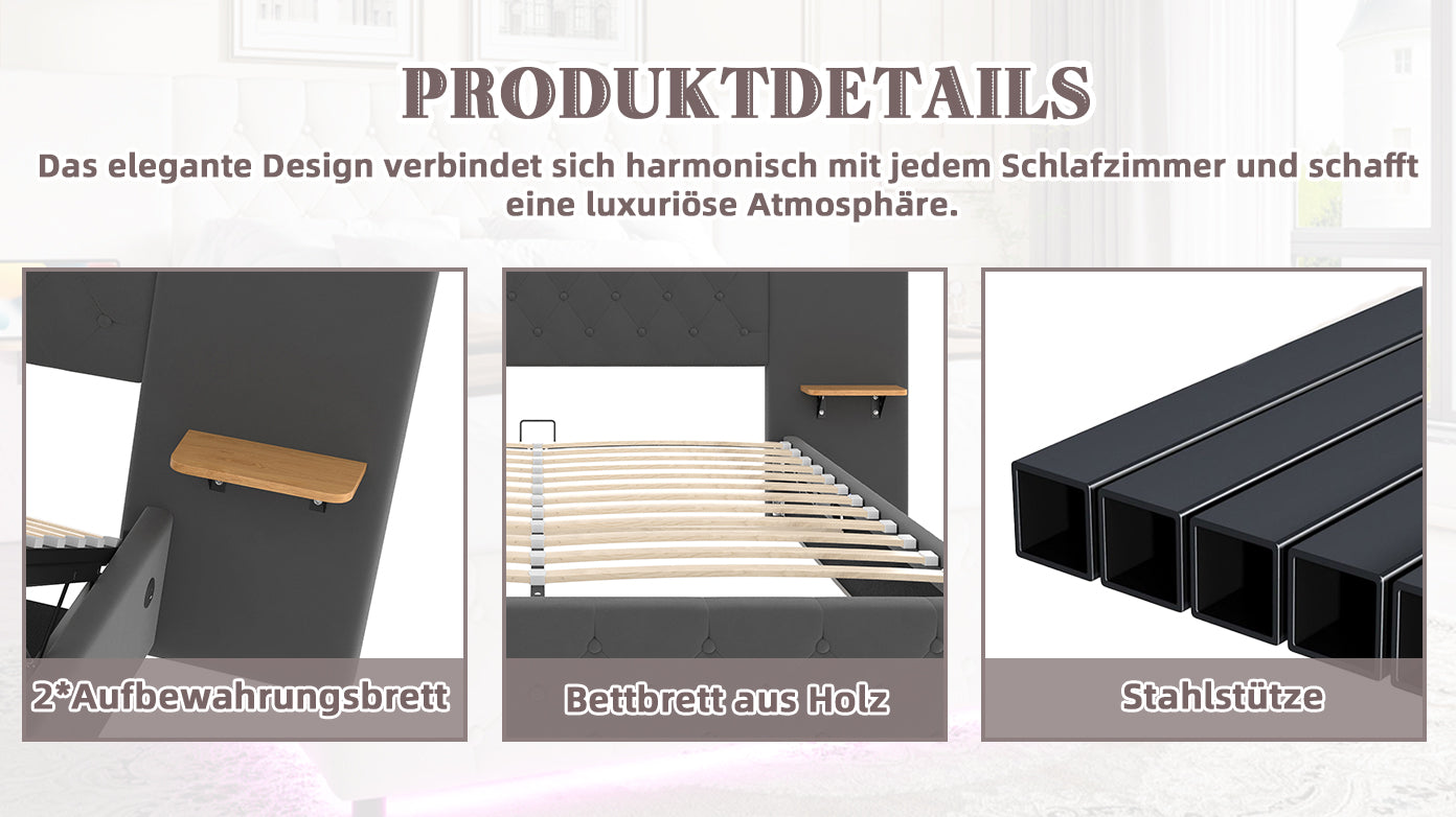 Logidon bedframe 140x200 cm grijs fluweel breed hoofdbord LED