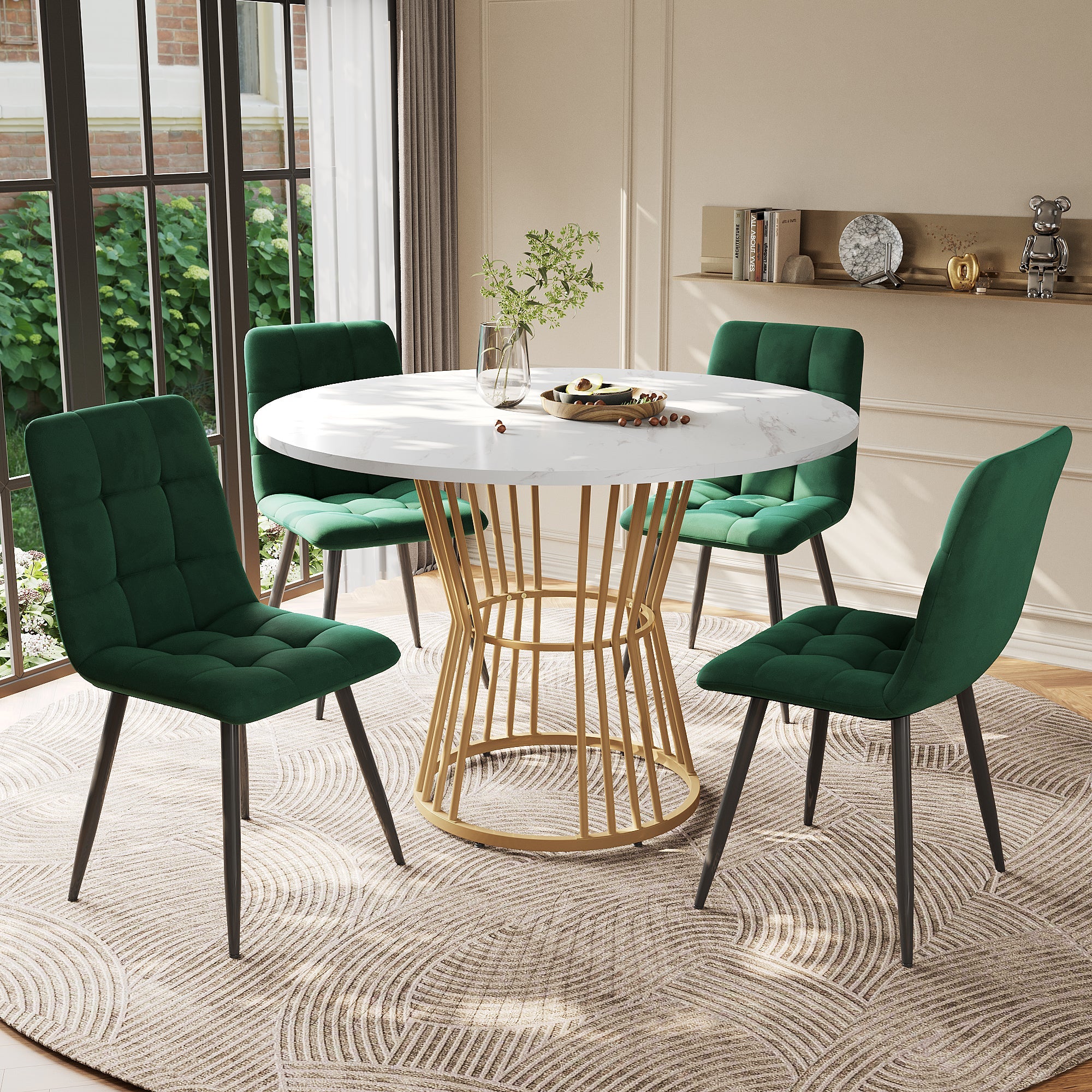 Logidon Eettafelset 100 cm Witte MDF Tafel Gouden Poten Groene Stoelen