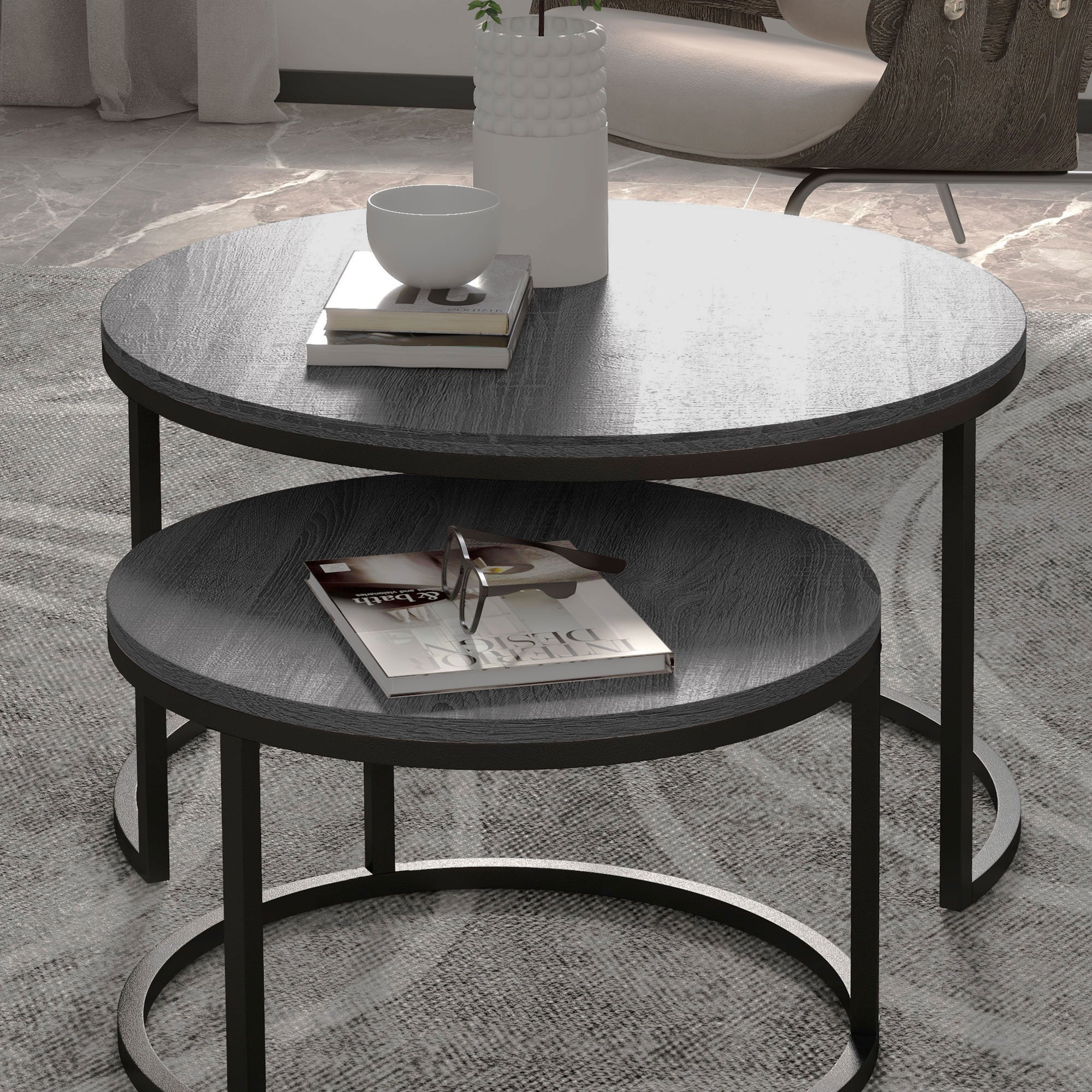 Logidon ronde salontafel set van 2 houtlook stapelbaar metalen frame