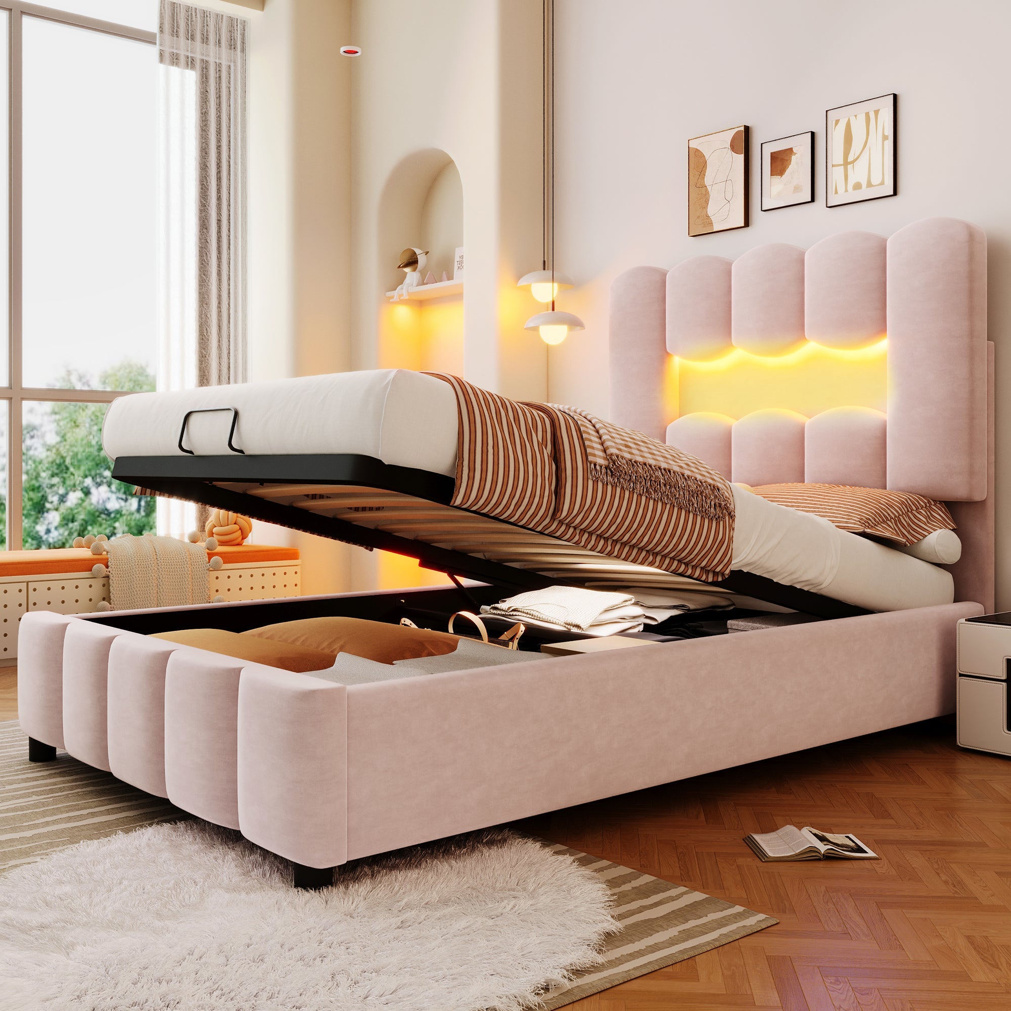 Logidon upholstered bed 90x200 pink velvet LED lighting hydraulic