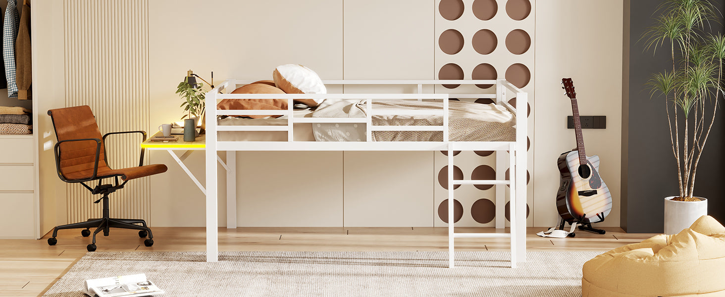 Logidon vlakbed metalen bed 140x200 witte reling LED-lichtstrip